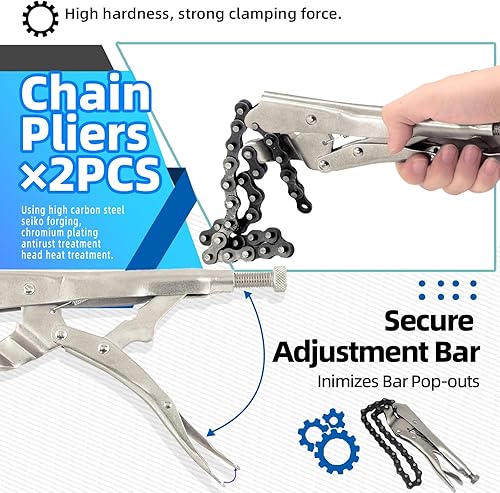Miniatura 4 de Glarks 2 abrazaderas de cadena de bloqueo de 9 pulgadas con cadena de 20 pulgadas, llave de tornillo de banco de cadena de alta resistencia,