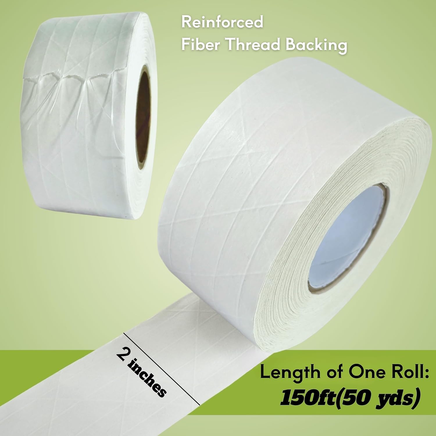 2 Rolls Reinforced Water Activated Tape,2" x150ft(50yds) Per Roll,White Gummed Kraft Paper Tape with Strong Fiberglass,Adhesive Surface is Sticky When Wet.Suit for Packing Boxes.