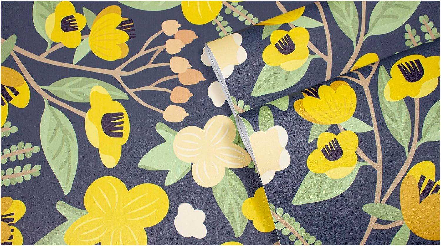 HAOKHOME Peel and Stick Wallpaper Floral Boho Yellow Wall Paper Renter Friendly Removable Contact Paper Navy/Yellow/Pink for Bathroom Nursery Decor 17.3in x 9.8ft