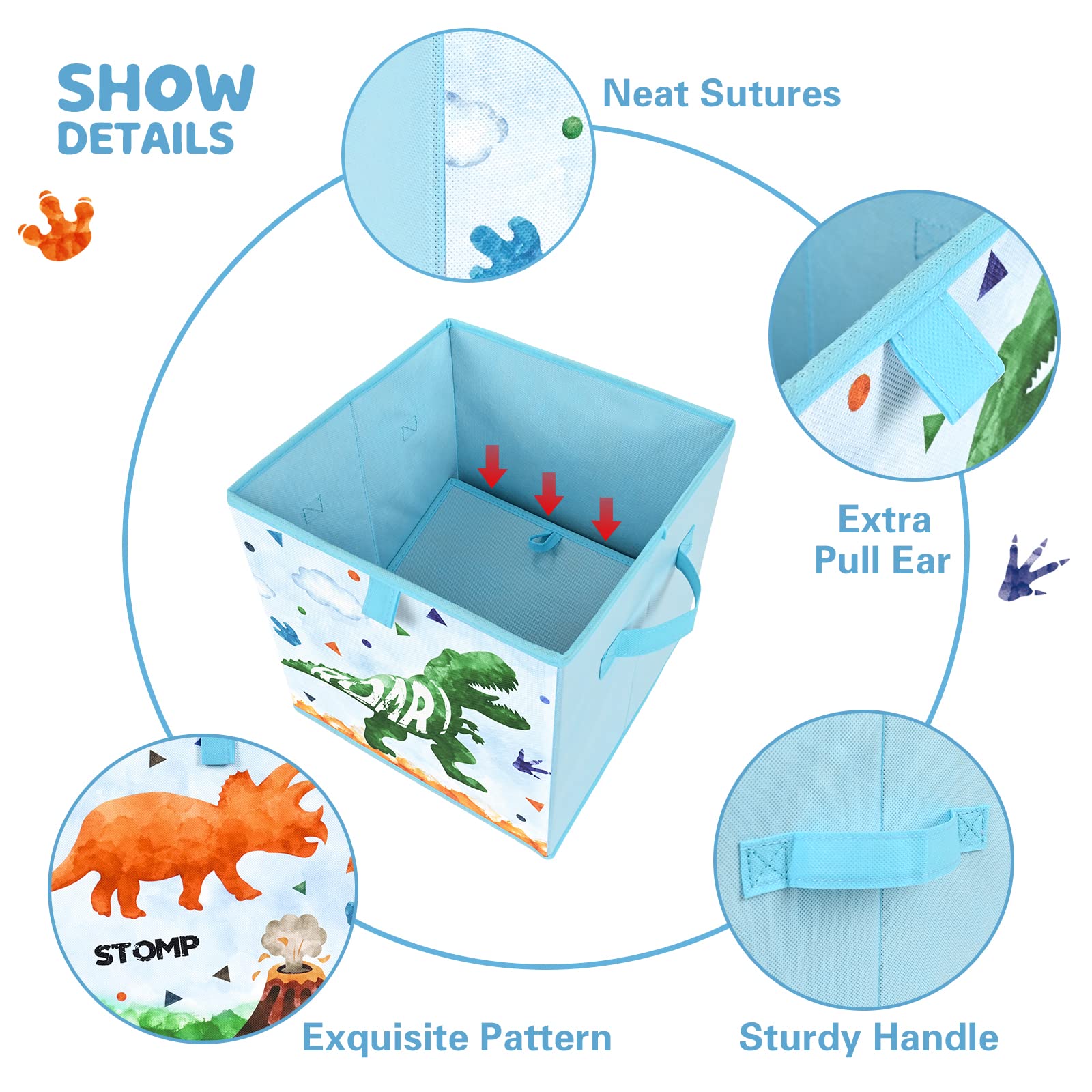 WERNNSAI Dinosaurier Aufbewahrungsbehälter - 4er-Pack Faltbare Aufbewahrungswürfel aus Stoff Organizer für Kinder Dekorative Aufbewahrungskörbe mit Griffen 28 cm Heimschrank Kinderzimmer Schlafzimmer
