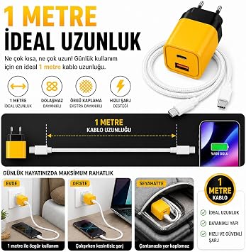 25W Hızlı Şarj Adaptörü + Type-C to Type-C Kablo Seti, USB + Type-C Çift Giriş, PD & QC 3.0 Destekli, Akıllı Koruma, Kompakt Tasarım