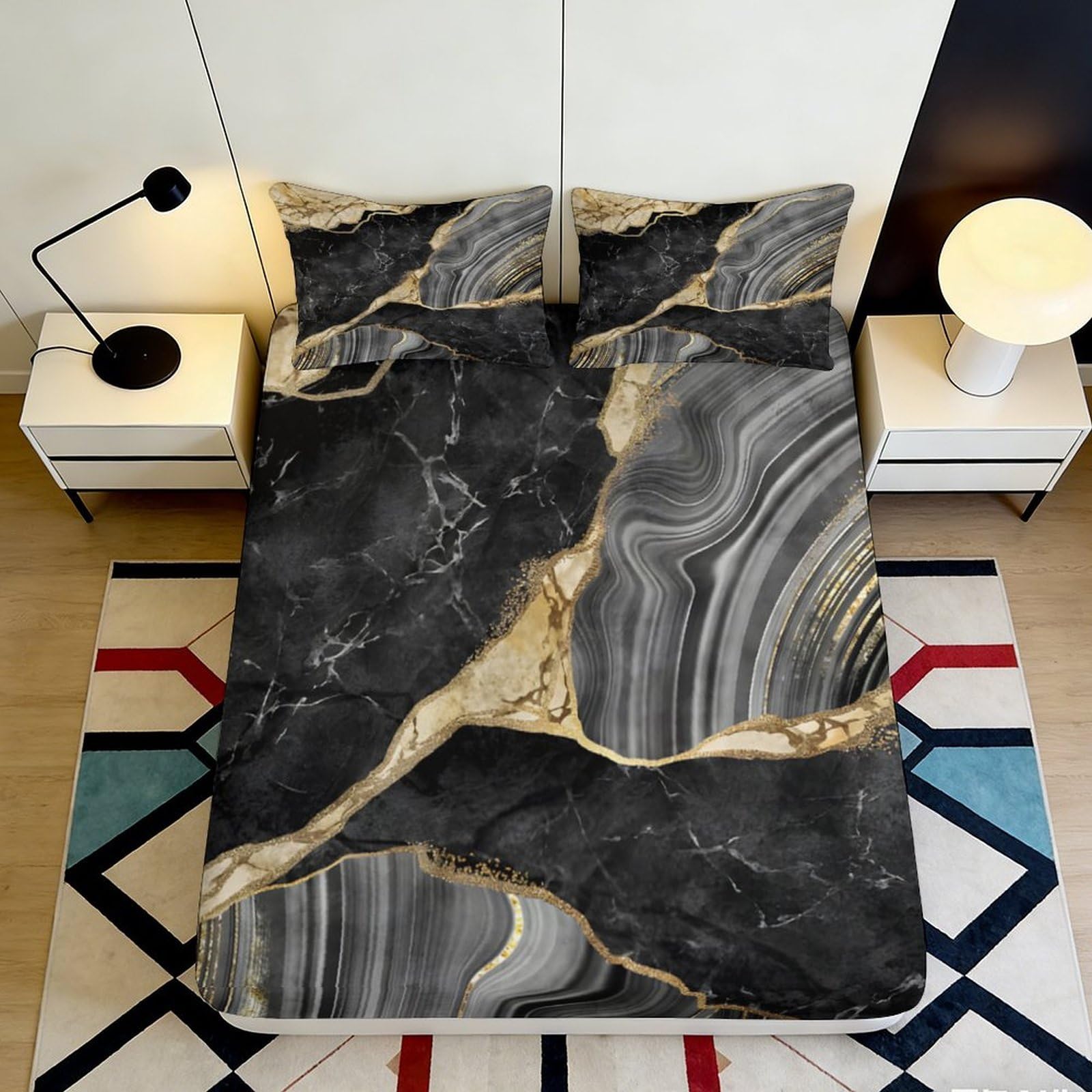 Uxinyoume Style-6 3D Printed Marble Black Gold Fitted Sheet Microfiber Soft Decorative Abstract Stone Bed Cover For Bedroom Guest Room 90X200x25cm