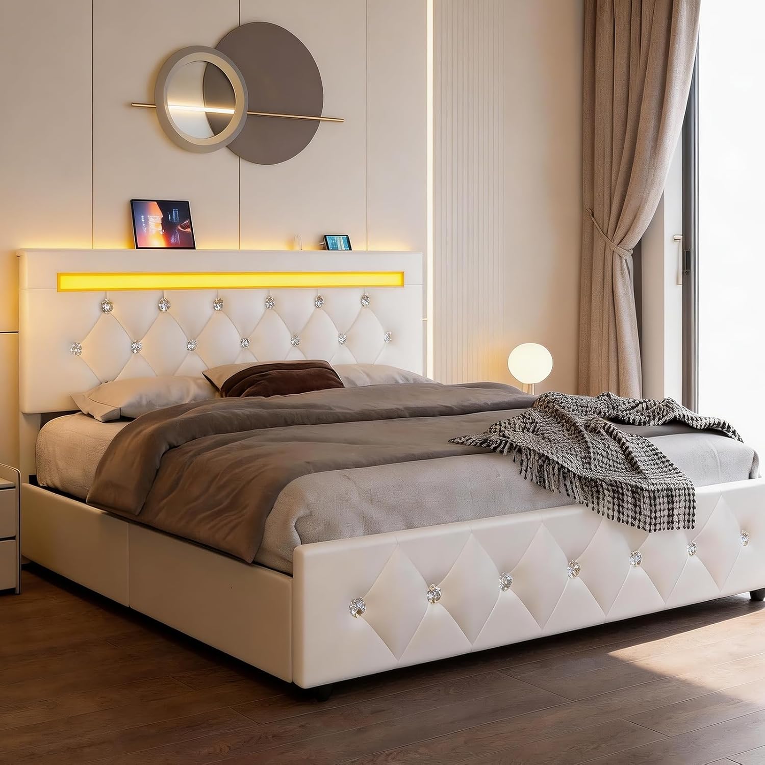 Full Size Bed Frame, Storage Bed with 4 Drawers and Adjustable Headboard, Upholstered Platform Bed with Handy Charging Station and LED Light, Noise Free, Easy Assembly, No Box Spring Needed, White