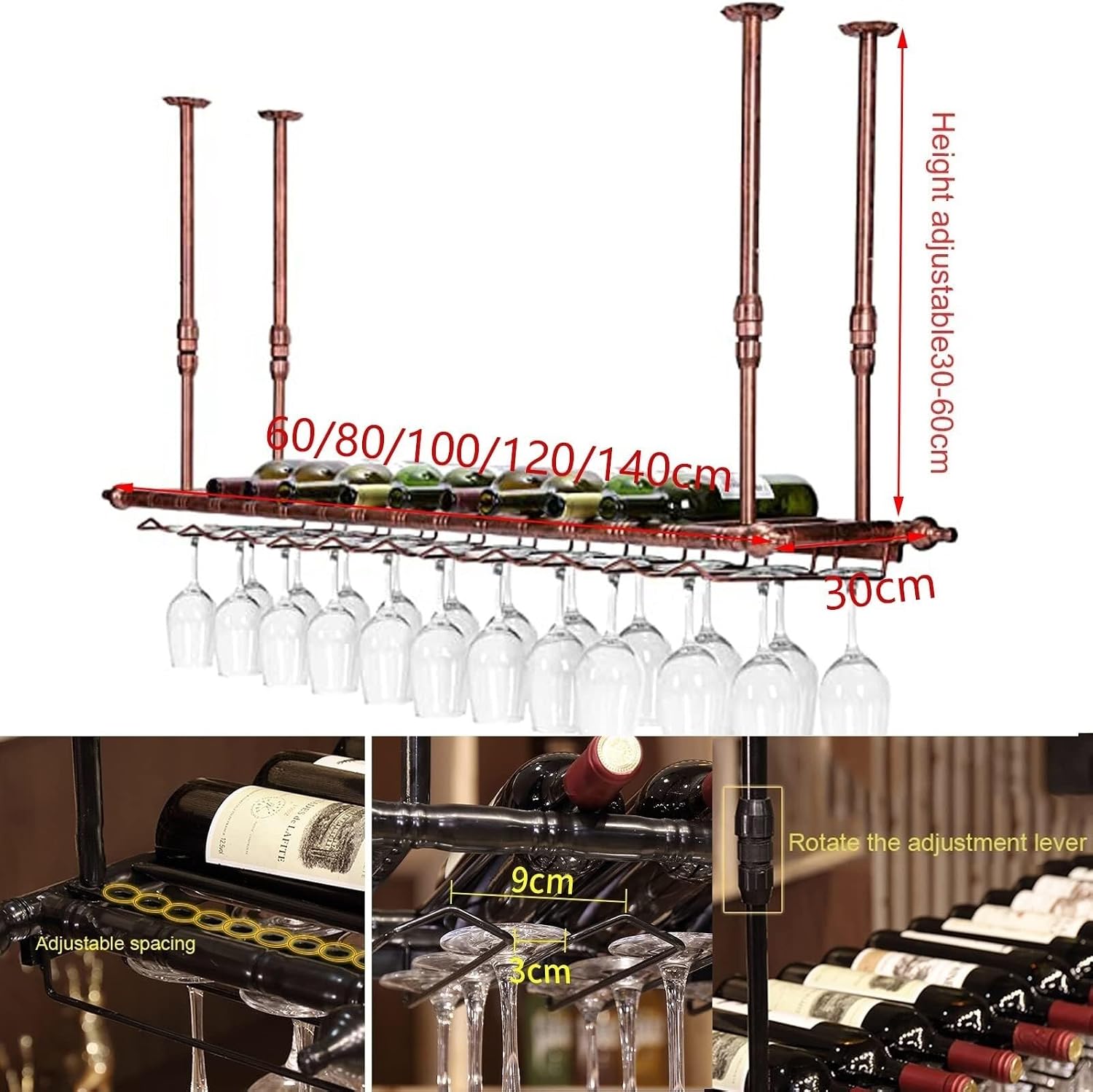 Hanging Rack - Ceiling Mounted Vintage Metal Storage Shelf with Stemware Glass Holder, Floating Bottle Rack for Kitchen, Bar, Restaurant(80 * 30Cm)