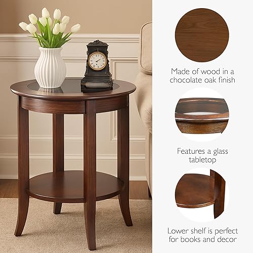 Miniatura 4 de Leick Home 10036 Mesa auxiliar redonda de cristal con estante, cereza chocolate y vidrio tintado Roble chocolate/vidrio,Gris (rustic gray),Roble
