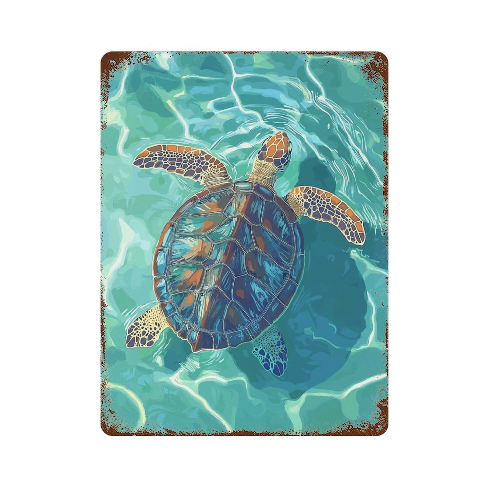 Sea Turtle in Turquoise Water Vintage Wall Sign 15.7"x11.8", Rust Effect Metal Decor for Bistro, Counter And Cafe Decor
