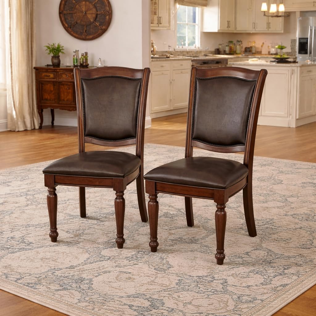 Pemberly Row Wood Dining Chairs Set of 6 in Brown Cherry Finish with Faux Leather Upholstery, Traditional Style Side Chairs for Dining Room with 19'' Back