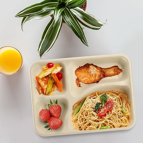 Miniatura 6 de Lyellfe Paquete de 50 platos de papel compostables, plato de caña de azúcar natural de 4 compartimentos, bandeja de almuerzo resistente, plato