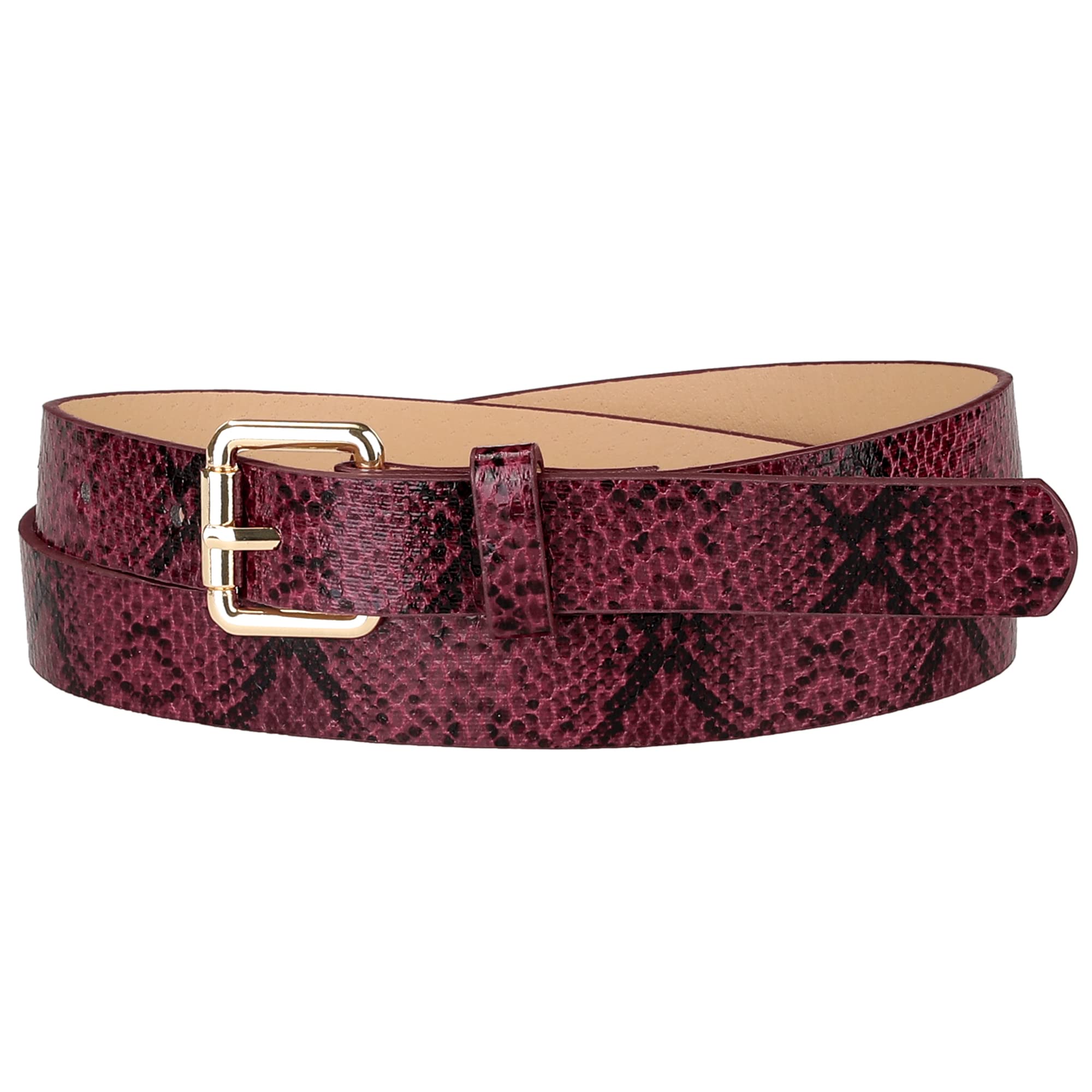 Elerevyo Women Slim Thin Waist Belt, Snakeskin Embossed Faux Leather Skinny Belts Waistband for Jeans Pants Wine Red 74-89cm/29.13-35.04"