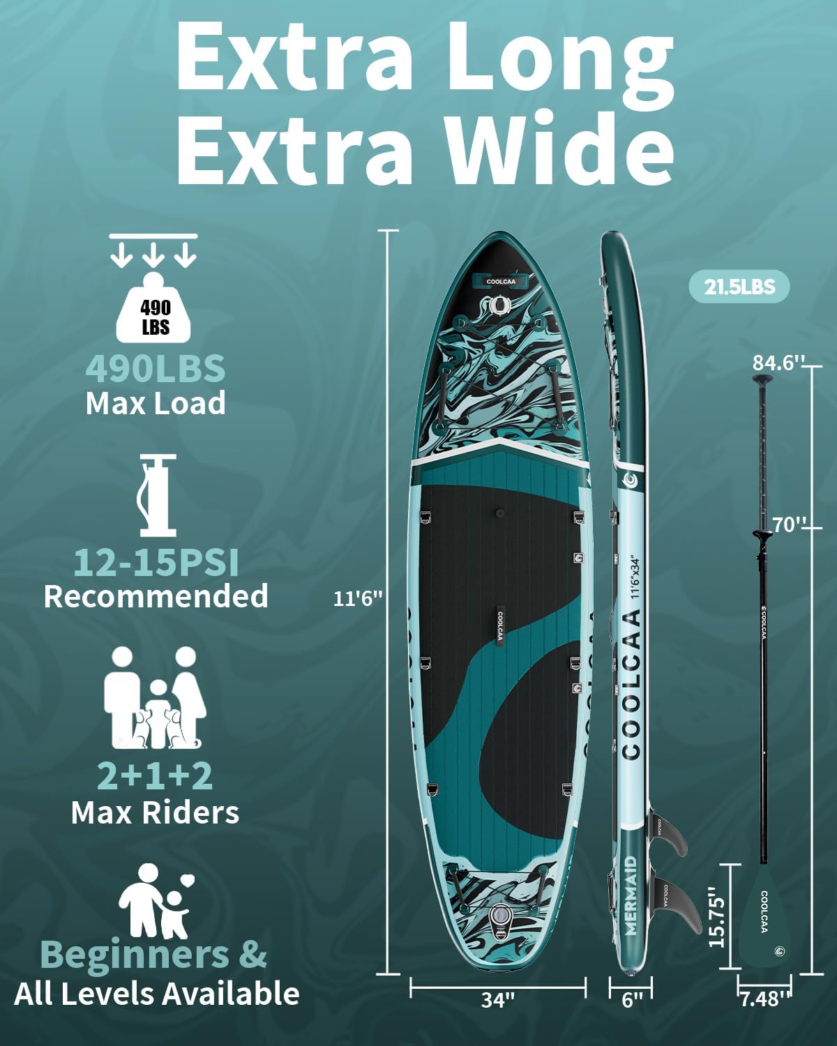 Mermaid 11'6" x 34" Extra Wide Inflatable Paddle Board, 490Lbs Capacity, Stable SUP for Family and Beginners, Perfect for Fishing & Water Activities, with Accessories & Backpack