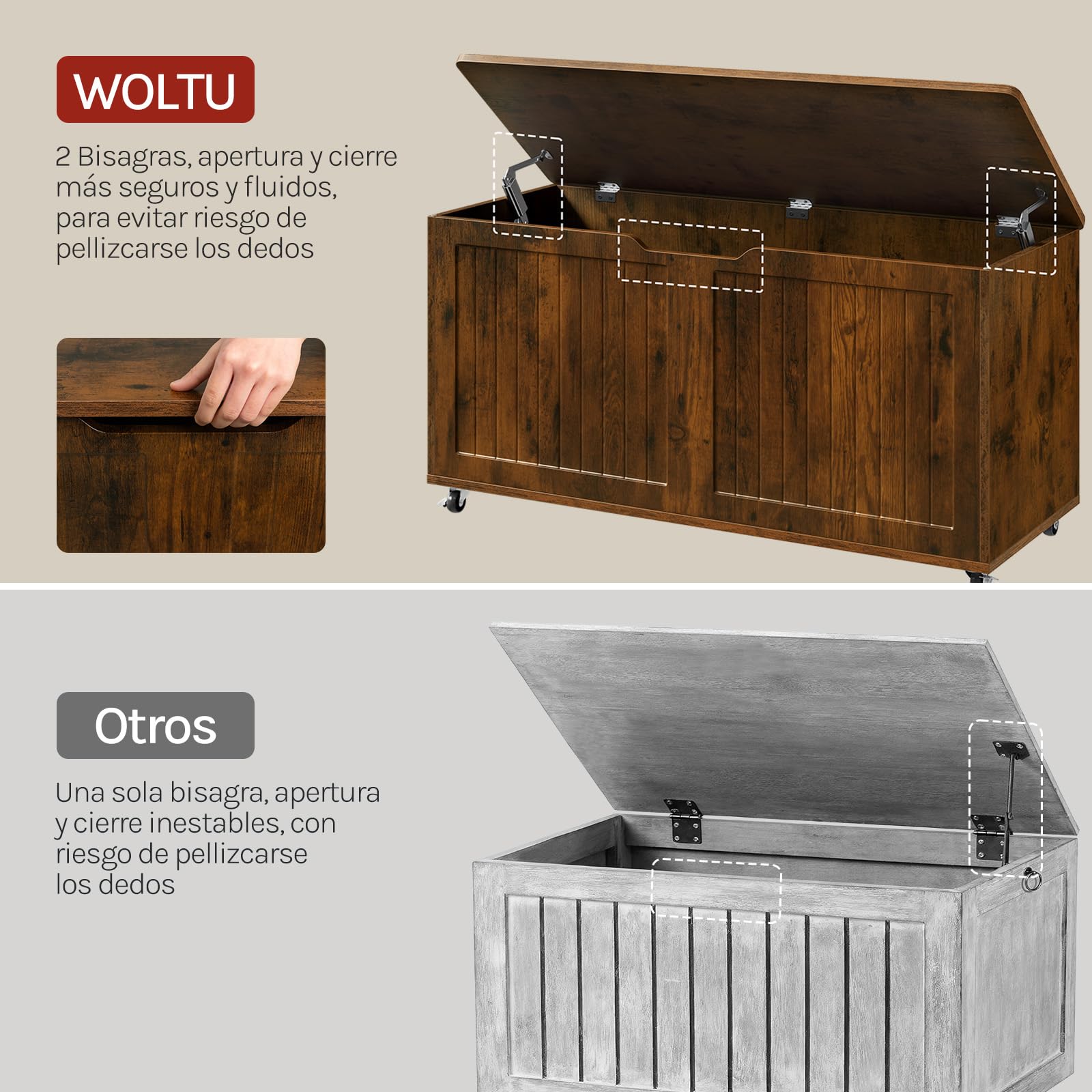 WOLTU Taburete Almacenaje con Ruedas, Baúl Puff Almacenamiento, Otomano Reposapiés Rectangular 100x40x50,5 cm, para Salón, Dormitorio y Entrada, Marrón Rústico
