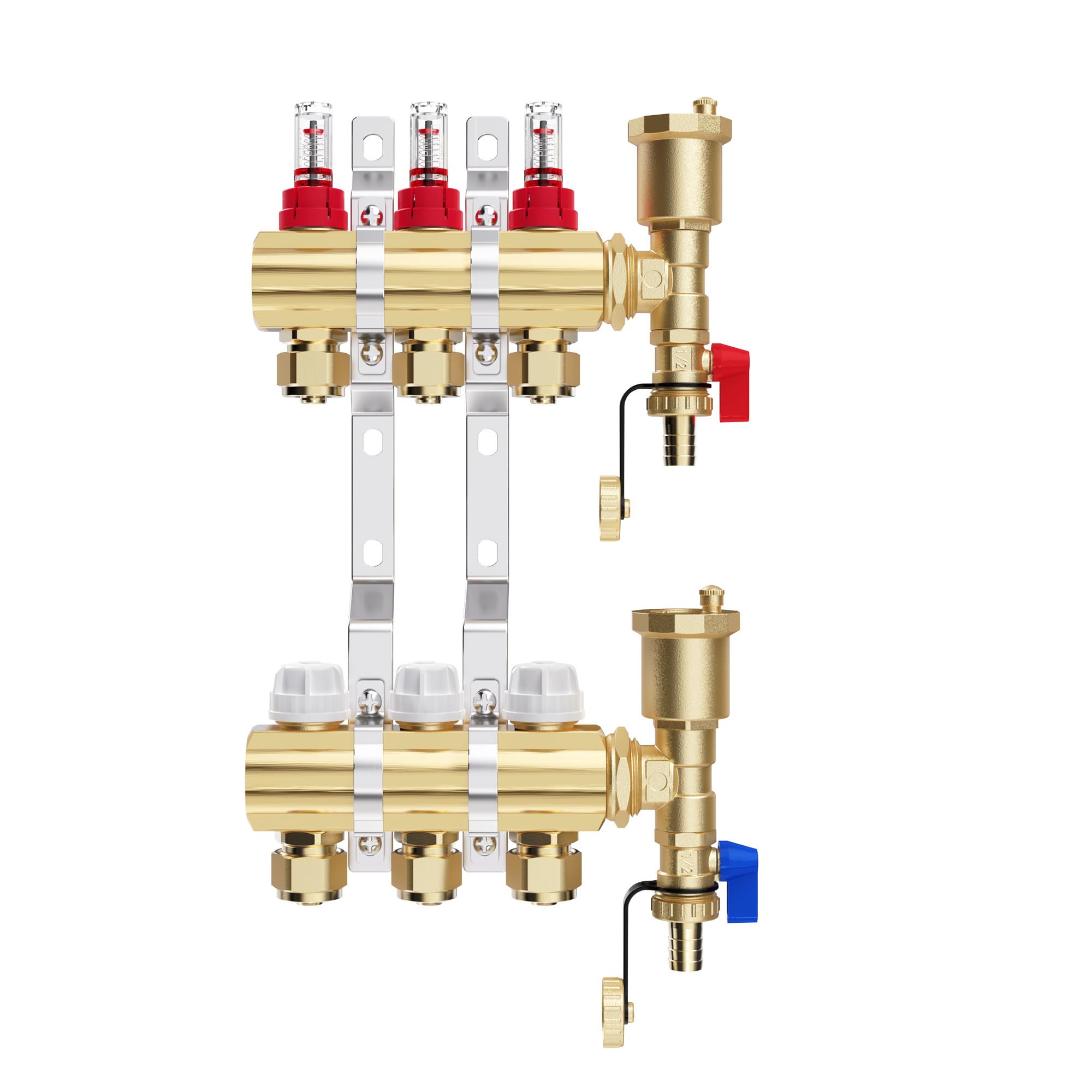 VANCOCO Distribuidor de latón con 3 circuitos de calefacción por suelo radiante | Distribuidor con eurocono 16 × 2 mm, caudalímetro y juego de purgador rápido