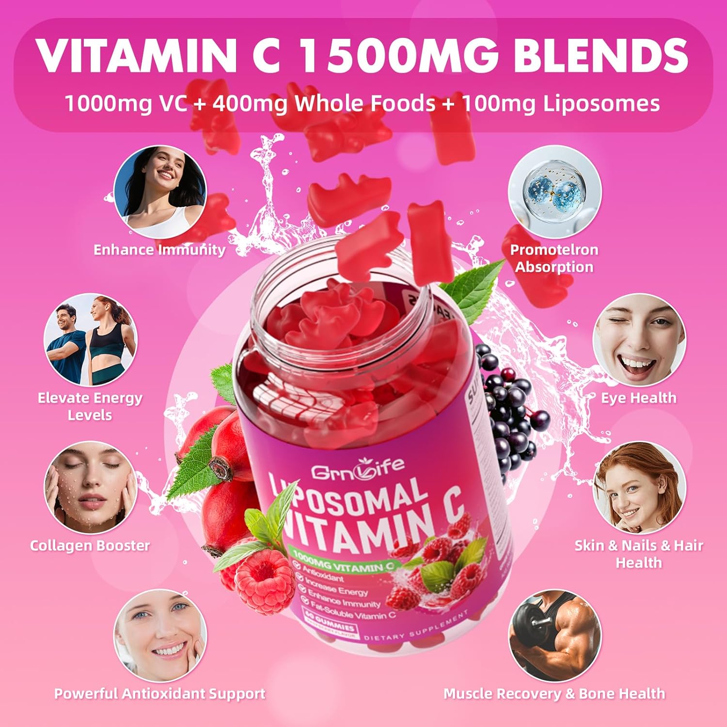 2 Pack Liposomal Vitamin C 1000mg Gummies for Adults Kids, 1500mg Chewable Vitamin C w/Iron, Zinc & Elderberry - Immune Support & Energy, Collagen Booster, Raspberry, 120 Count - Image 4