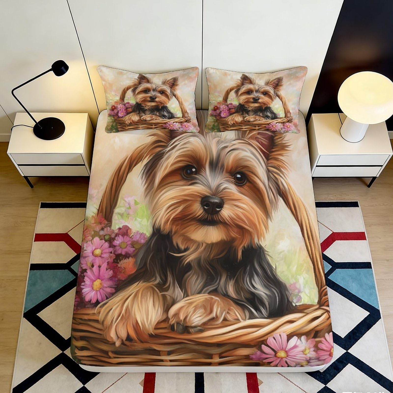 K1r3d9e5 Style-3 3D Printed Yorkshire Terrier Fitted Sheet Microfiber Soft Breathable Floral Bed Cover Bedroom Decor Mattress Protection 90X200x25cm