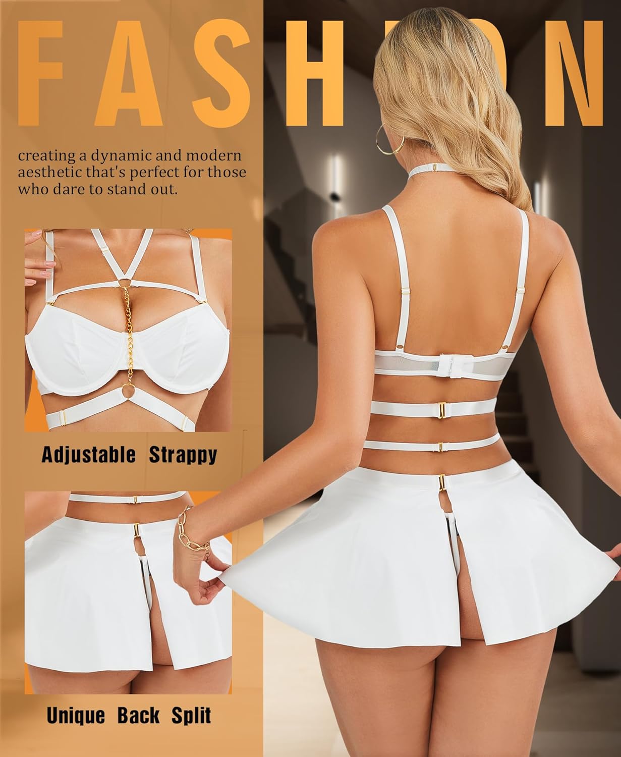 RSLOVE Faux Leather Lingerie for Women - Sexy Strappy Lingerie Set with Push Up Bra Choker Mini Skirt and Thong - Image 4