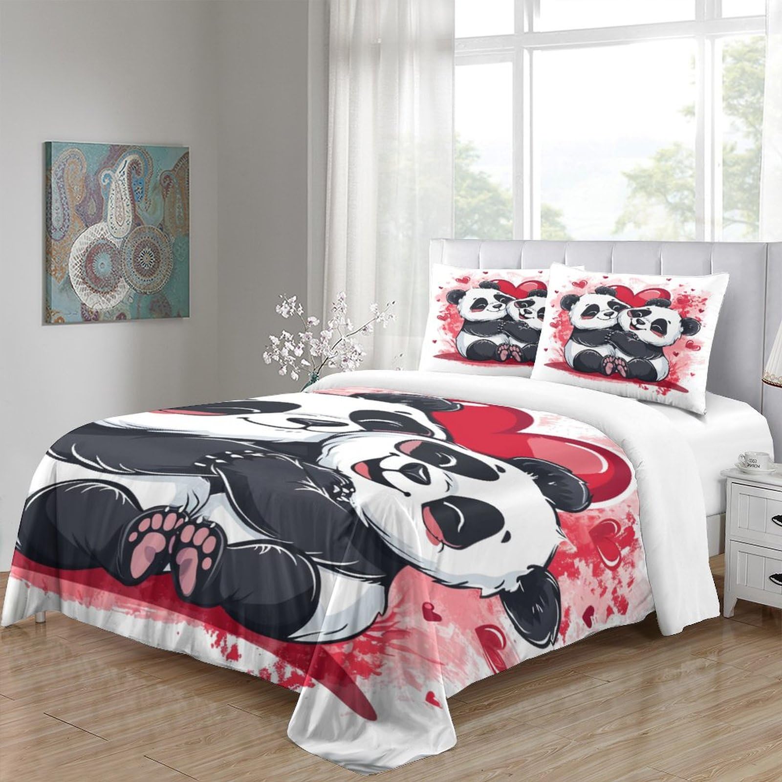 Pärchen Pandas 3D-Gedruckter Bettwäsche-Set Mit Bettbezug-Set Bedruckt Für Kinder Teenager ErwachseneTagesdecke Bezug Mit Weich Leicht Panda-Geschenk Duvet Cover 3-Piece König（220x240cm）