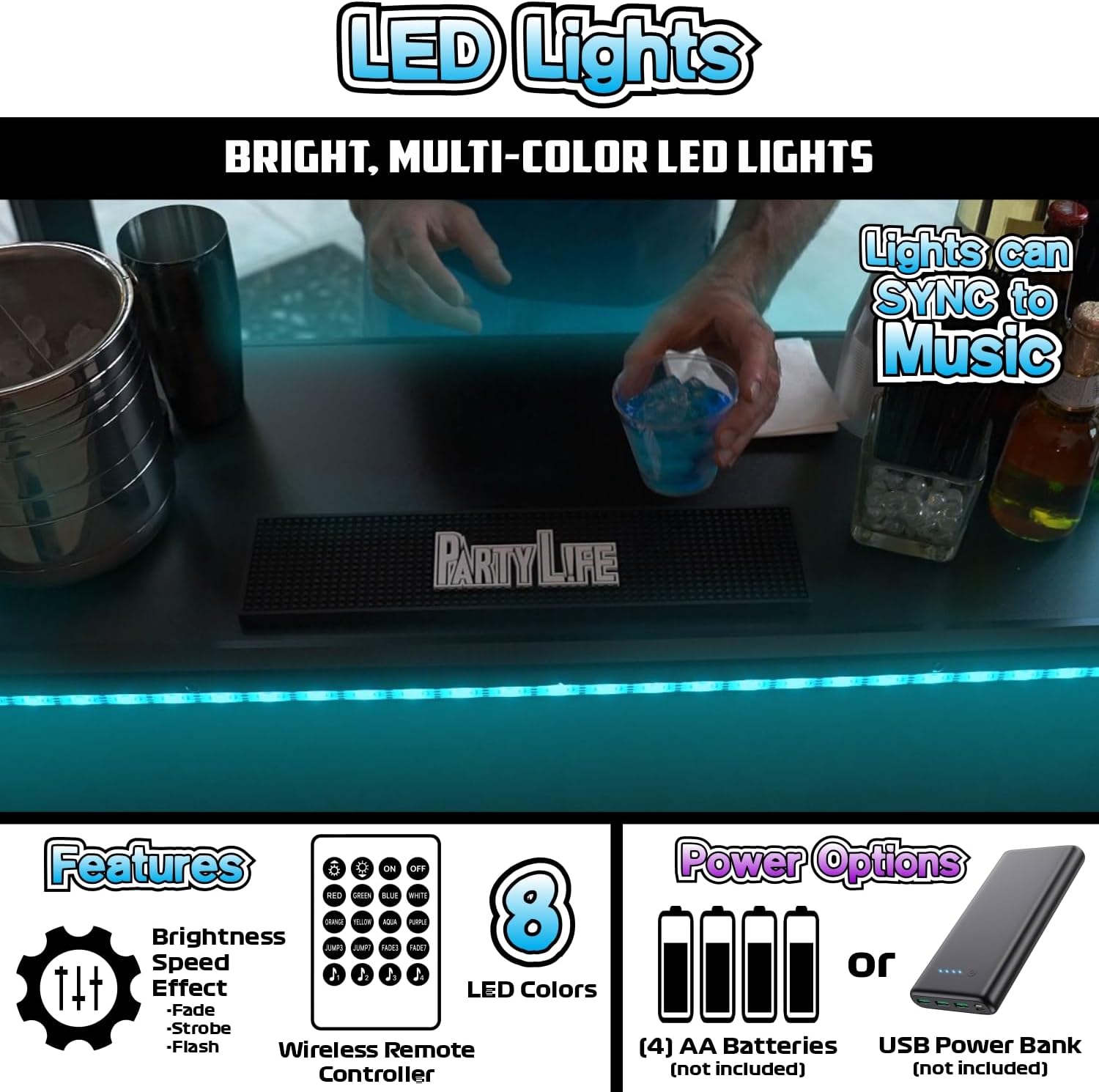 PartyLife Premium Portable Bar Table w/LED Lights, Wireless Remote, Folding Legs, Black Fabric Bar Skirt, 2 Storage Shelves & 2 Carrying Bags | Commercial Grade | Strong & Sturdy - White