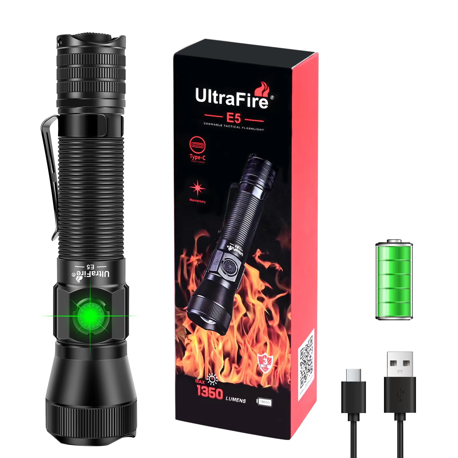 ULTRAFIREE5 Tactical Flashlight Zoomable Rechargeable 1350 High Lumens Law Enforcement EDC Flashlight,6 Modes Dual Switches Small LED Torch for Patrolilng,Emergency