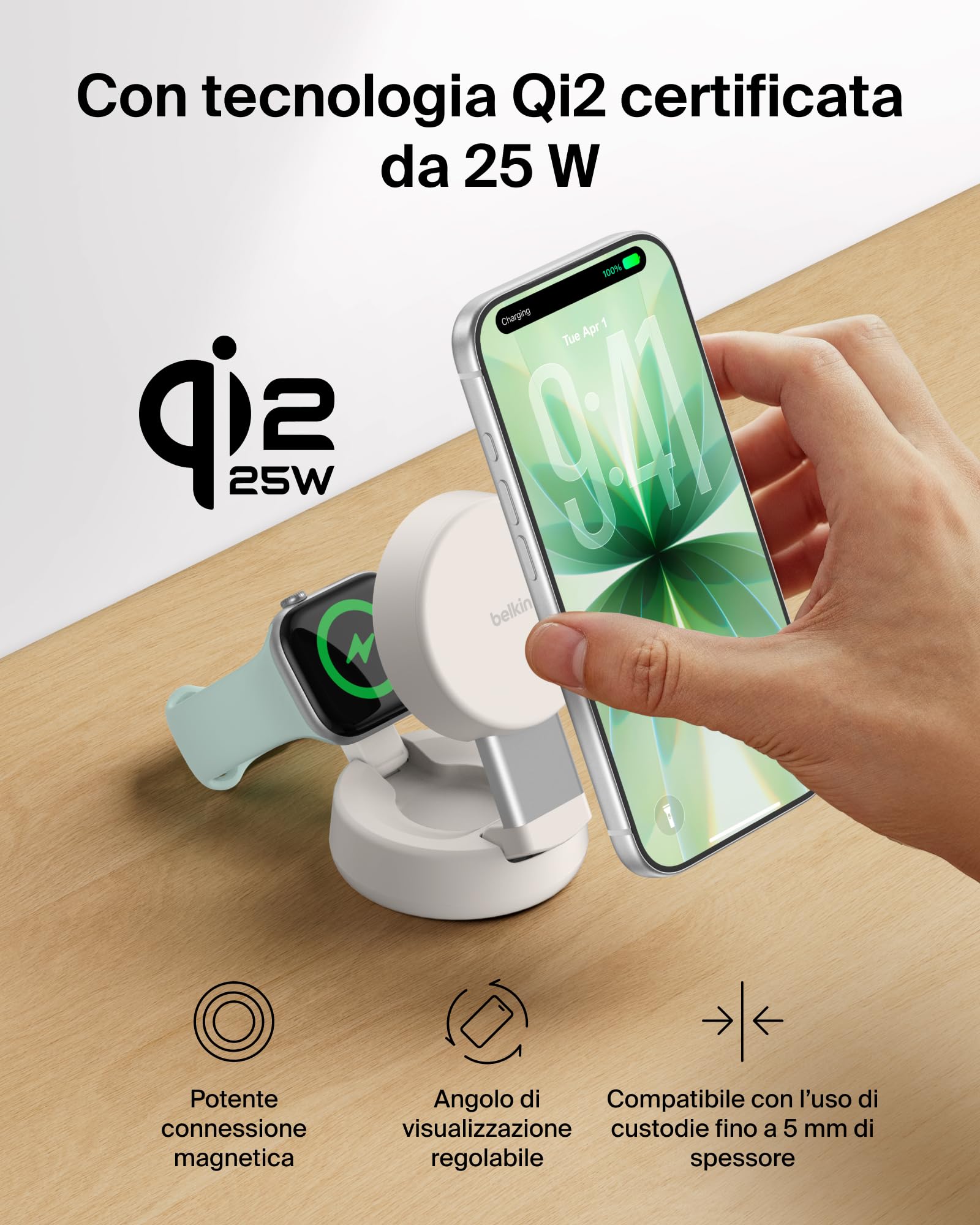 Belkin UltraCharge Pro Caricatore Wireless Qi2 25W 2 in 1 - Beige | Caricatore Wireless Magnetico Convertibile MagSafe, Certificato Qi2.2 per iPhone, Apple Watch, Auricolari, Alimentatore 45W