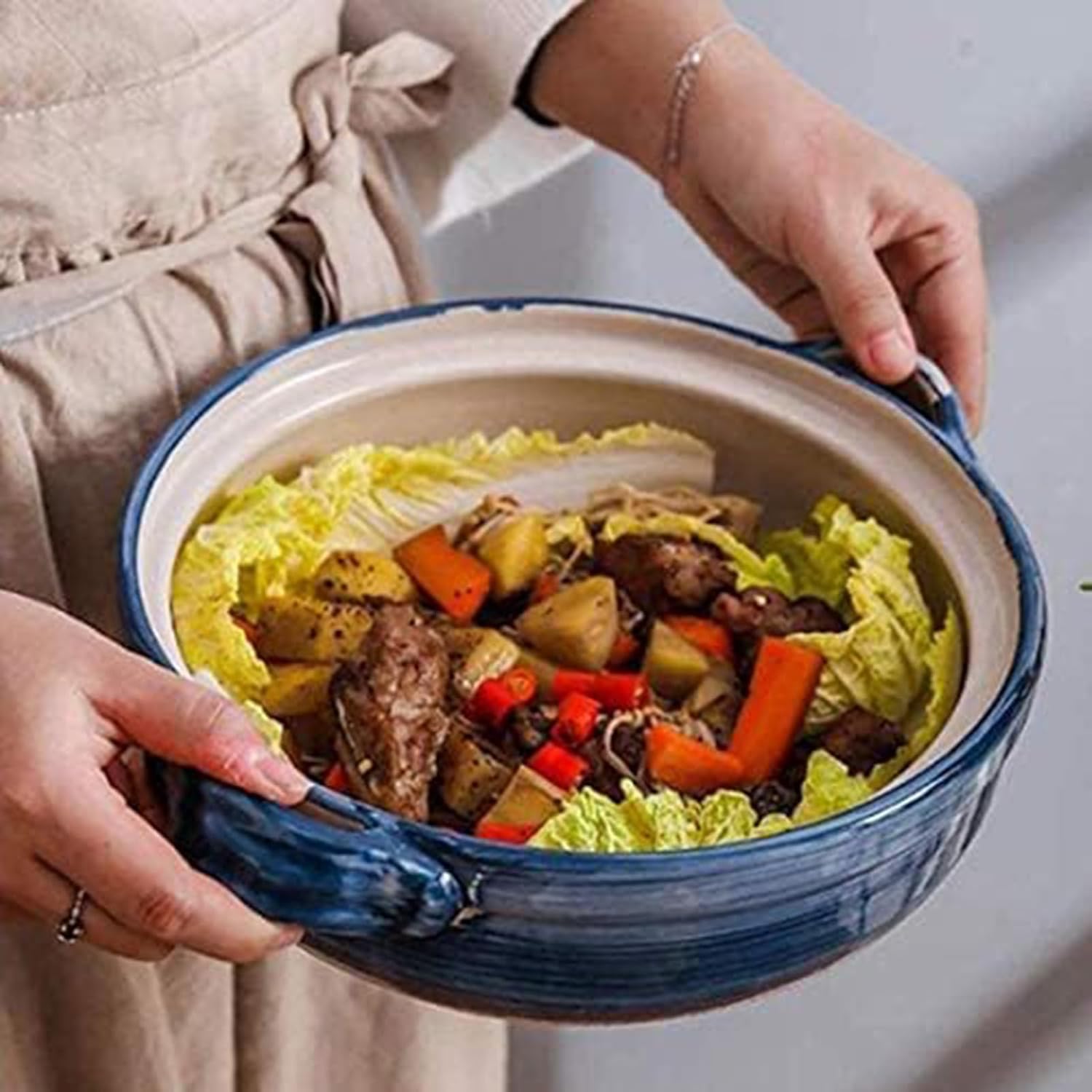 Grande Casseruola in Ceramica con Coperchio - 800 Ml, Pentola in Terracotta, Casseruola Rotonda con Manico, Ideale per Cuocere al Forno E Servire Deliziosi Pasti Black, White, Blue 800ML