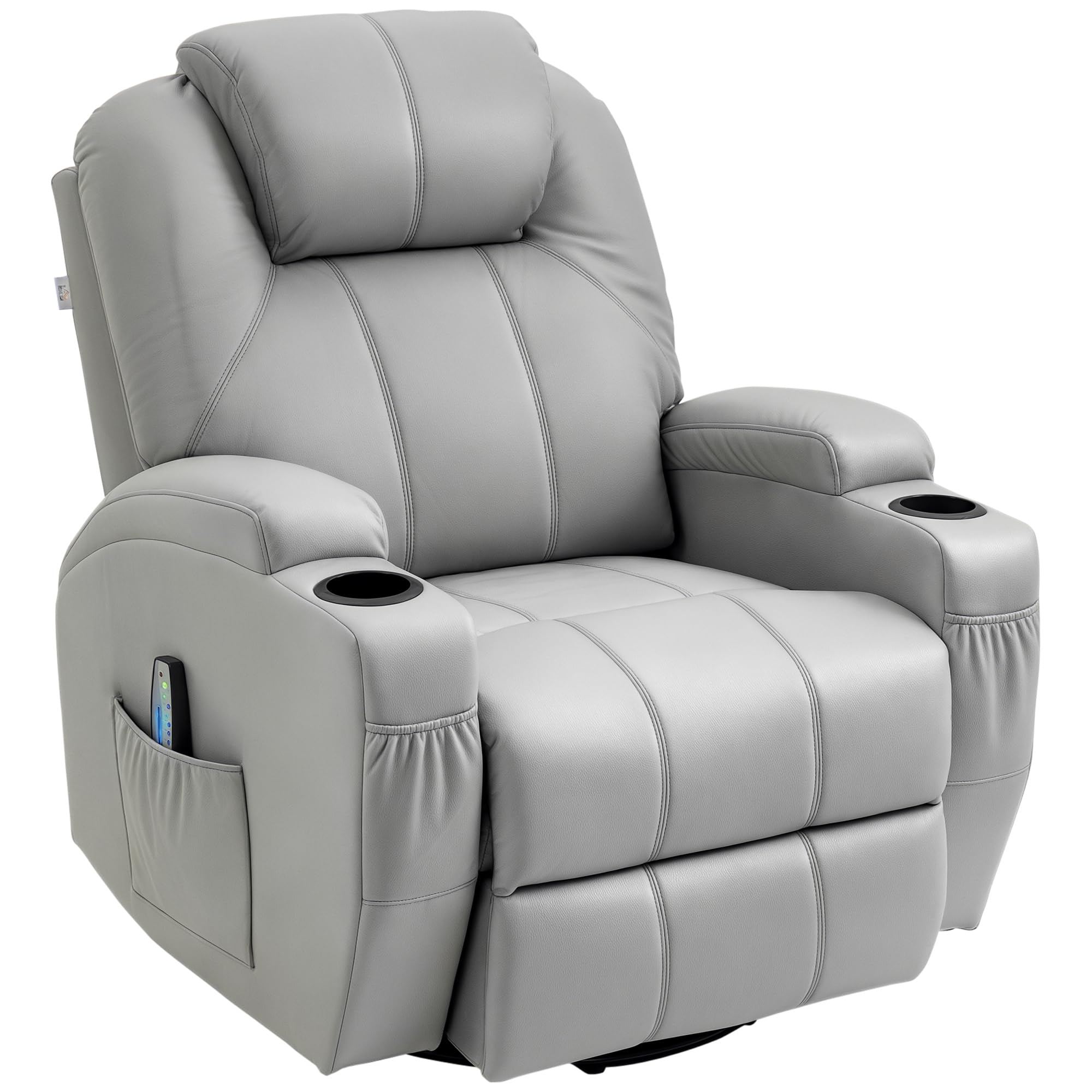 HOMCOM Poltrona Reclinabile a 145° con Poggiapiedi, Poltrona Relax Massaggiante e Riscaldata con 5 Programmi e 8 Punti Vibranti (Pelle PU, Grigio, 89L x 99P x 106A cm)