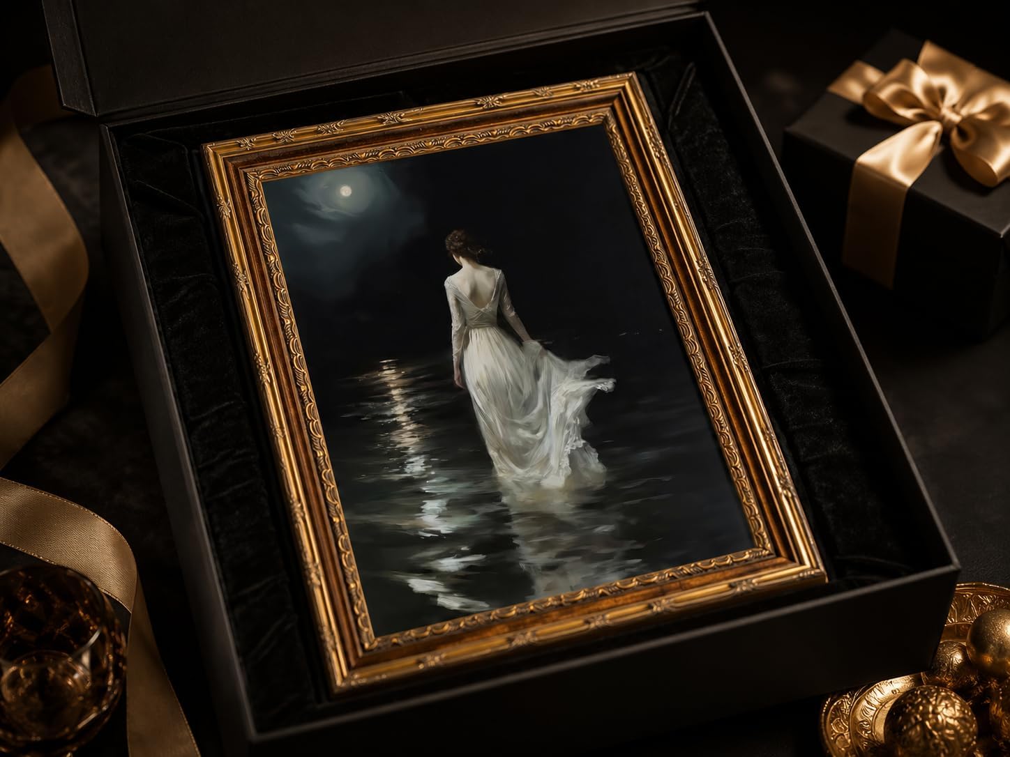 Gold Framed Moonlit Woman Wall Art, Romantic Lady Canvas Artwork, 16 x 24in image 3