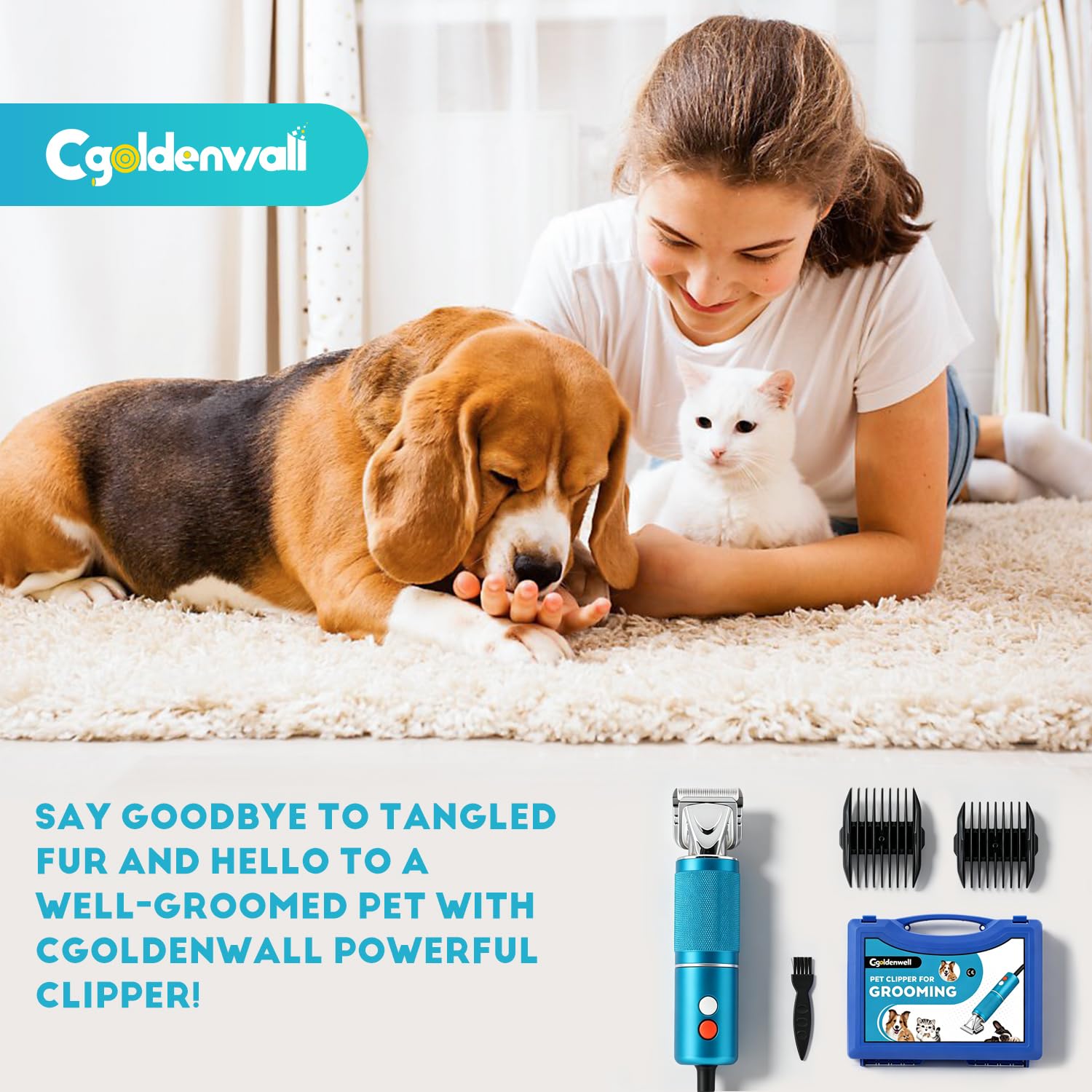 CGOLDENWALL 300W Tosatrice per Cani per Animali di Tutti i Tipi di Pelo, Velocità Regolabile su 3 Livelli da 2000-6000 giri/min, Cavo da 3 m, Rumorosità< 50DB, Con 2 Lame& 2 Pettini (3/6 mm, 9/12 mm)