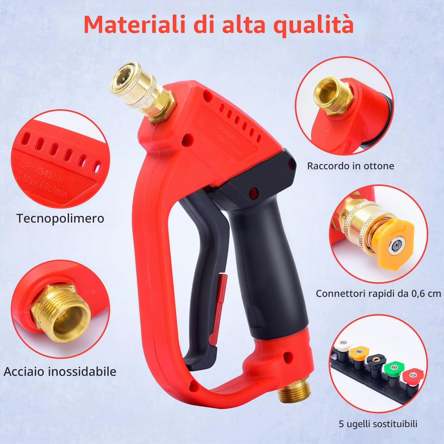 Lancia Ad Alta Pressione con Pistola E 5 Ugelli Staccabili,Lancia Idropulitrice con Attacco Rapido M22-14mm,Pistola Acqua Alta Pressione per La Pulizia Dei Vetri Di Auto, Casa E Giardino