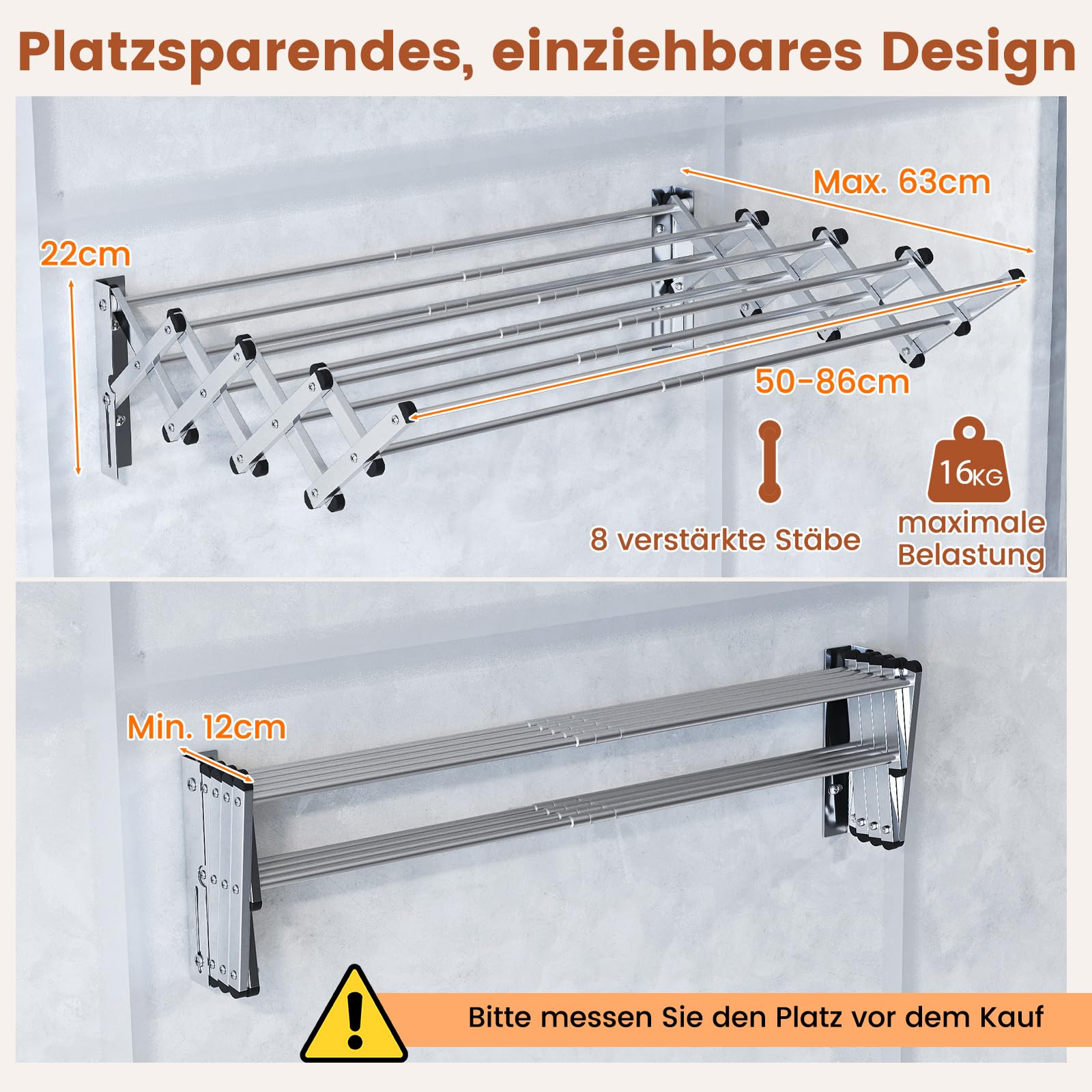 COSTWAY Wäscheständer zur Wandmontage, Wandtrockner ausziehbar aus Edelstahl mit 8 Stangen, Wandwäschetrockner 25 kg Tragkraft für Waschküche, Badezimmer