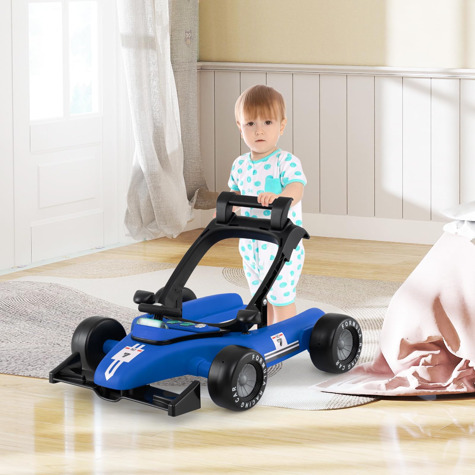 LIFEZEAL 4 in 1 Girello per Bambini, Neonati 6-18 Mesi, Altezza Regolabile, Antiurto, Trasformabile, Pieghevole, con Musica, Primi Passi, Baby Walker, Carrellino, Imparare a Camminare, Max12kg, Blu
