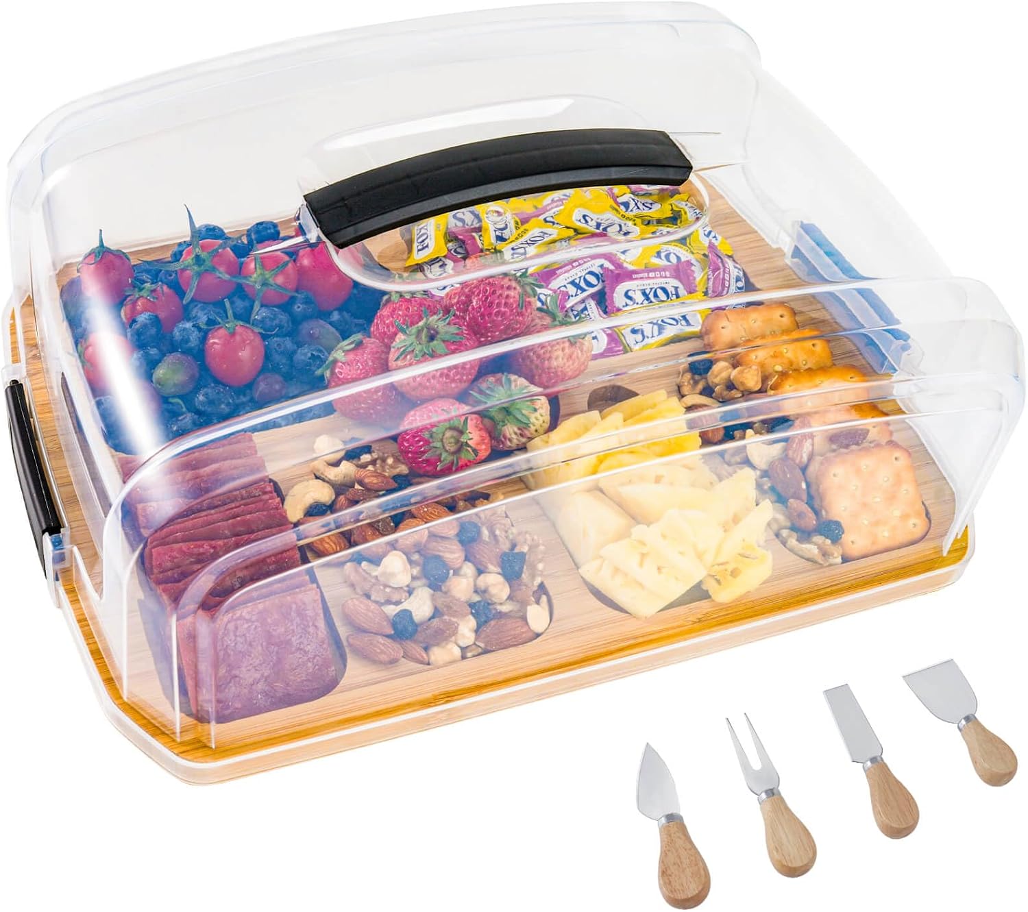 Charcuterie Board with Clear Locking Lid, Travel Portable Cheese Board Set with 4 Cheese Tools, Bamboo Cutting Boards for Kitchen, Serving Tray, House Warming Gift New Home for Women, 7 Compartments Charcuterie Board with Clear Locking Lid, Travel Portable Cheese Board Set with 4 Cheese Tools, Bamboo Cutting Boards for Kitchen, Serving Tray, House Warming Gift New Home for Women, 7 Compartments