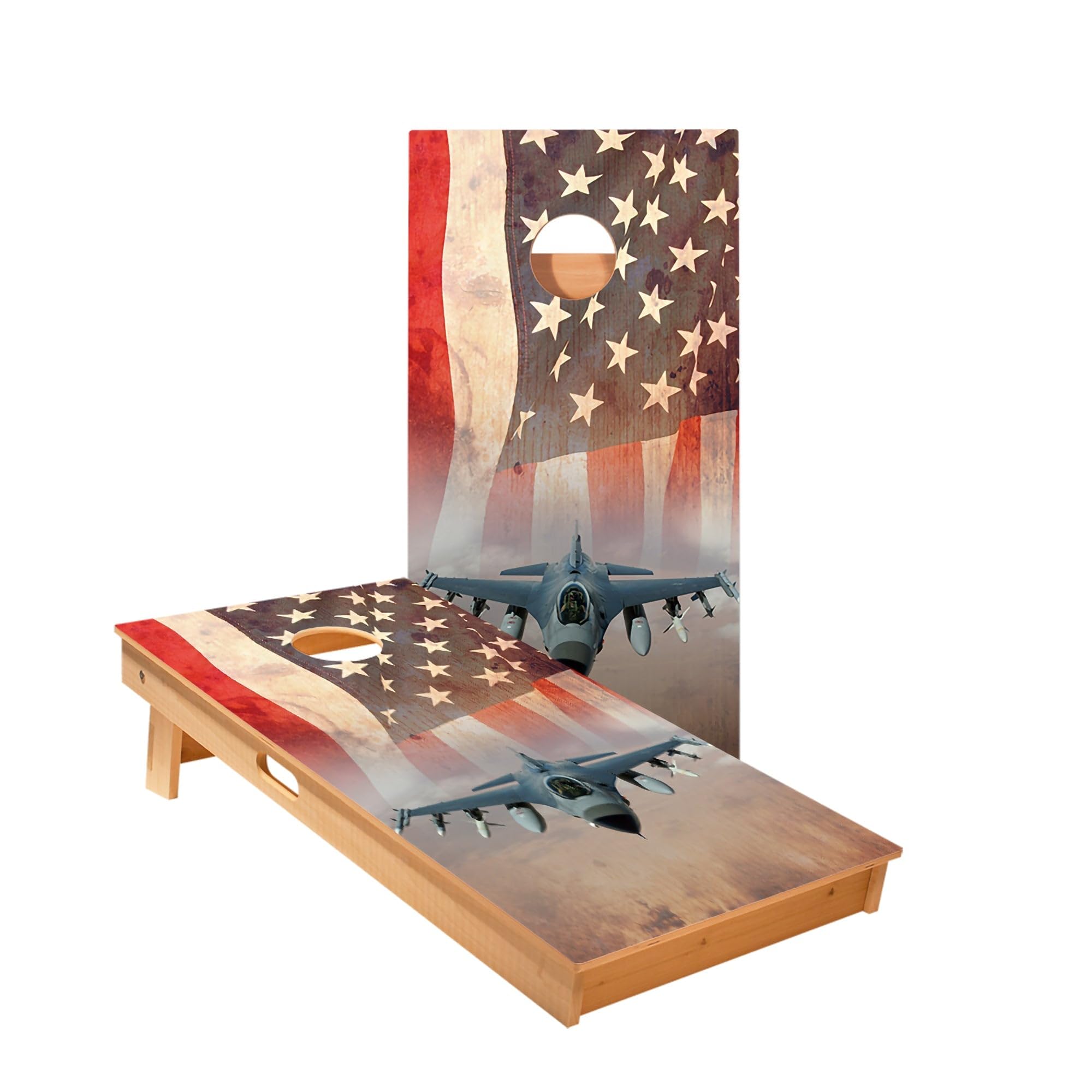 Skip's Garage American Flag with Jet Cornhole Boards - Includes (2) Boards (Resin Bags) + (1) Carry Case, (2) Hole Lights & (2) Edge Lights