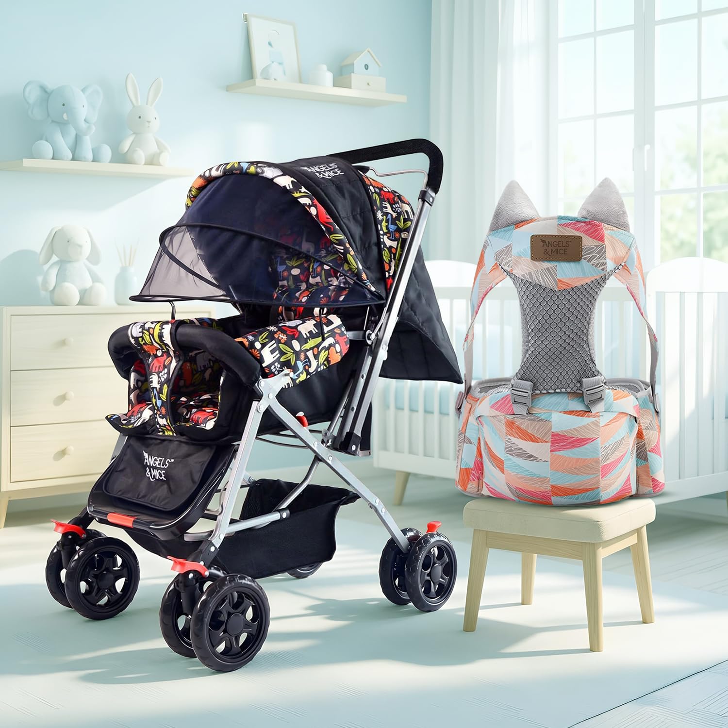 Angels and Mice Stroller and Hip Seat Combo |4-in-1 Baby Carrier & Jungle Joy Pram | Foldable Reversible Lightweight | 0-3 Years | 20Kgs Capacity-picture-13