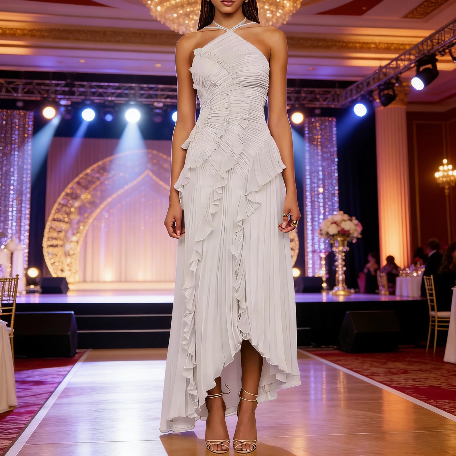 Robe longue plissée à bords lotus pour femme, dos nu, asymétrique à volants, robe de bal formelle, robe de bal de fin d'année, robe formelle pour invitée de mariage