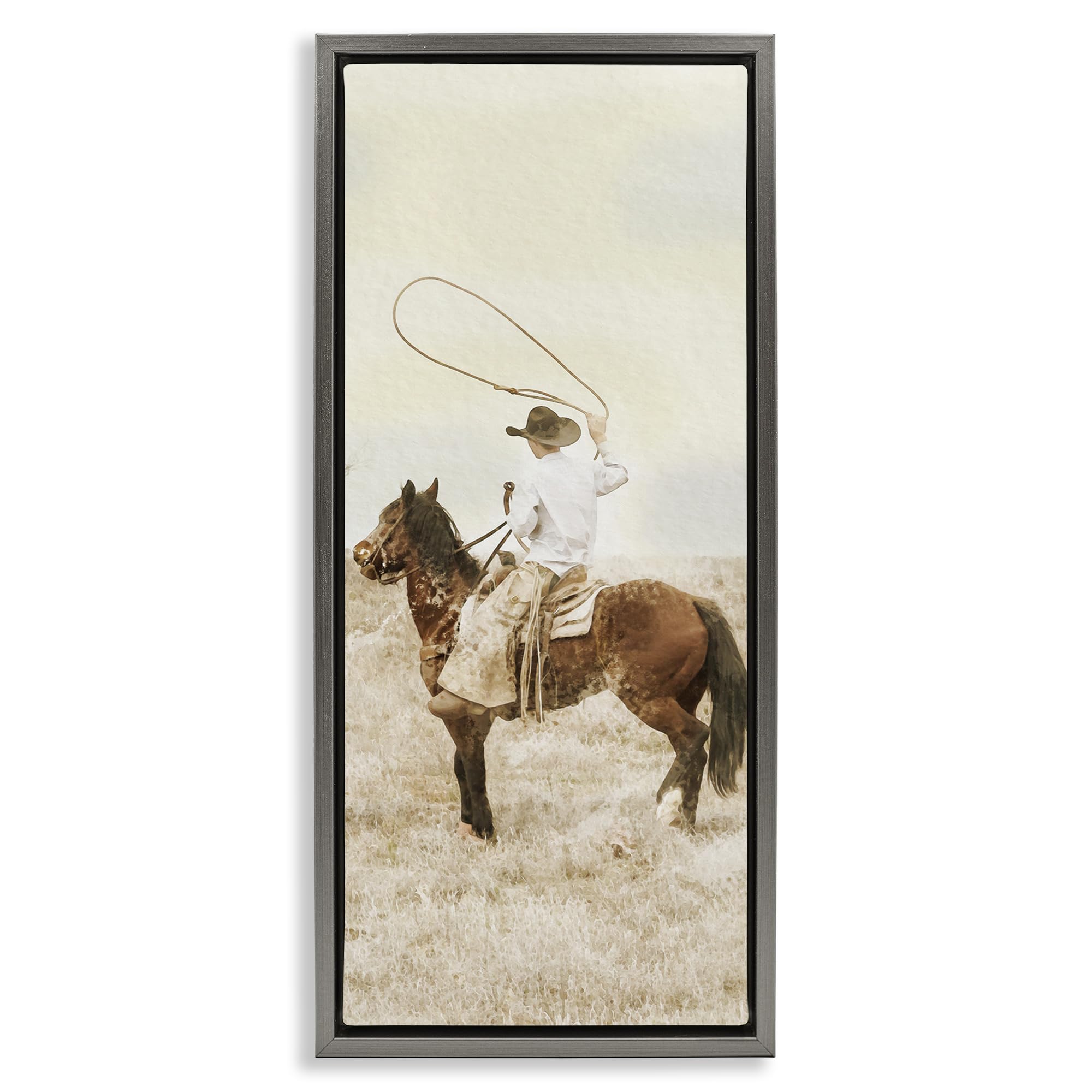 Stupell Industries 'Wrangling Cowboy Lasso', Floating Frame Canvas Art, Gray, 11 x 25 Inches, Easy to Hang and Sturdy, Made in USA, by Marcus Prime