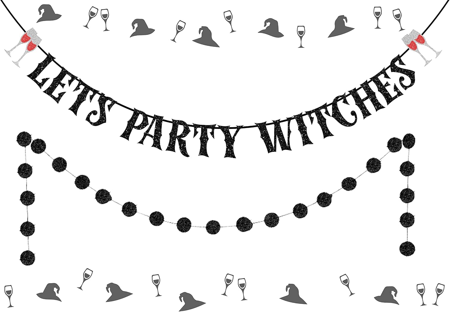 Black Glitter Halloween Witches Banner & Circle Dots Garland - Let's Party Witches Decor - Standard Banner - 4x6 Inches - Polyester - Hangable - Unisex - Halloween Party Decor