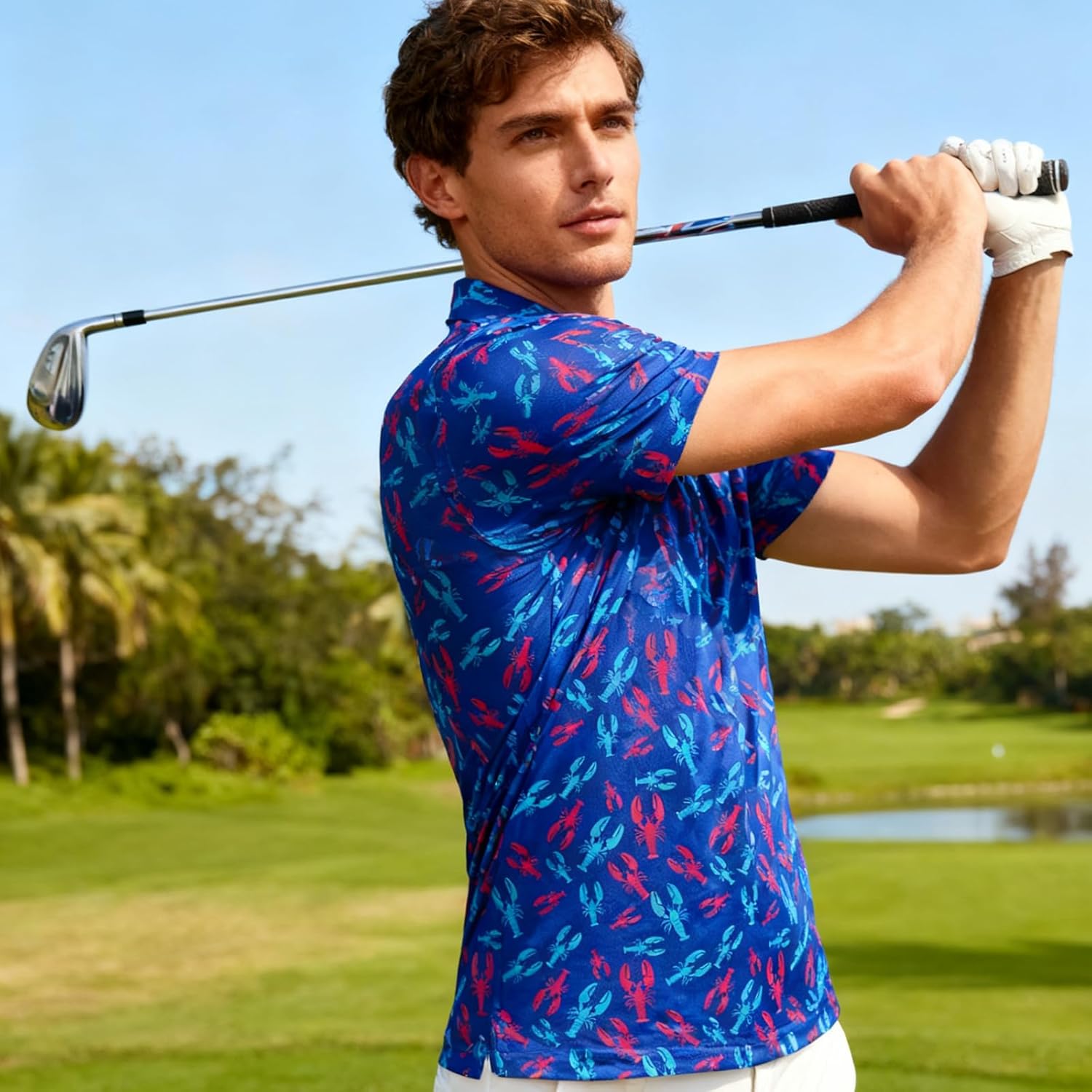 Fanient Men Golf Polo Shirts Short Sleeve 3D Printed Dry Fit Moisture Wicking 4-Way Stretch Summer Athletic Polo Shirts