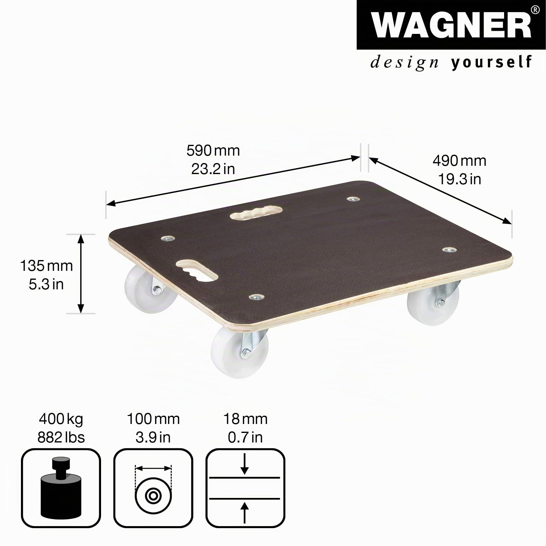 Wagner Chariot à roulettes MM 1113 I 59 x 49 x 13,5 cm - Charge 400 kg - pour Les Gros cartons et Meubles lourdement chargés I Surface antidérapante I certifié FSC® - 20111301