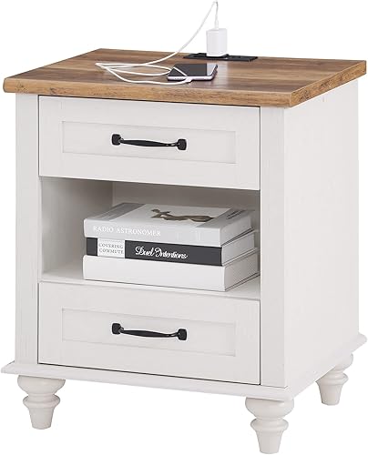 Miniatura 9 de WAMPAT Mesita de noche blanca con estación de carga, mesa auxiliar con dos cajones y estante abierto, mesa auxiliar de mediados de siglo con patas