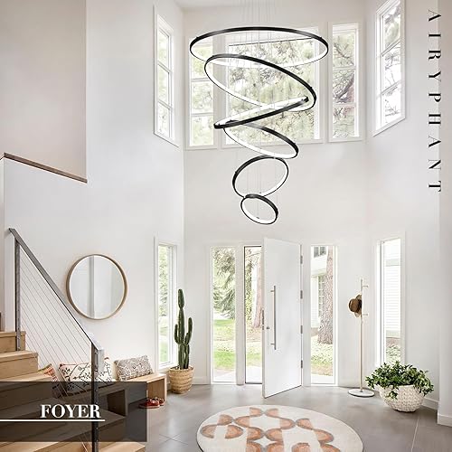 Miniatura 5 de Candelabro de techo alto de 6 anillos, lámparas LED modernas negras con control remoto, lámpara de vestíbulo grande para entrada, lámpara colgante
