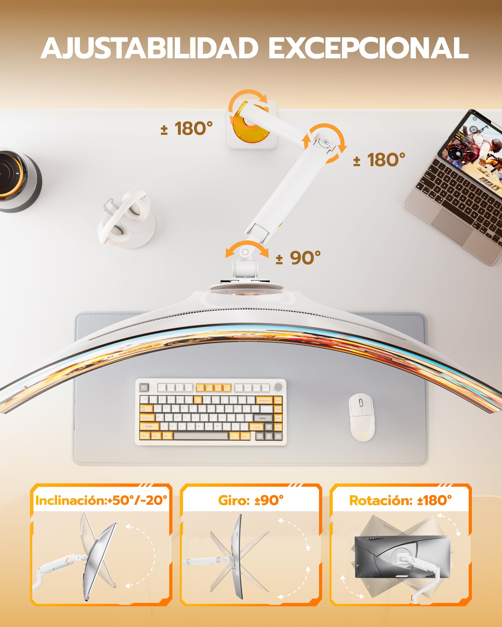 ARES WING Soporte de Monitor 17"-49" para Pantallas Planas y Curvas, Blanco | Brazo para monitor con resorte de gas, capacidad de carga de 20 kg/ brazo, compatible con VESA 75/100 mm
