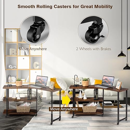 Miniatura 6 de Tangkula - Mesa auxiliar giratoria de 360° para sofá, escritorio patentado móvil con estantes de almacenamiento de 2 niveles, mesa móvil para laptop