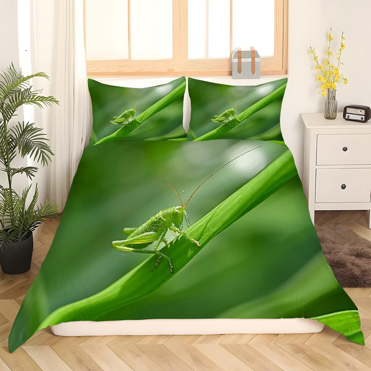Code Pościel 220 x 240 cm, 3-częściowa, poszwa na kołdrę 220 x 240 cm, zielony owad, druk 3D, zestaw pościeli z miękkiej mikrofibry z zamkiem błyskawicznym i 2 poszewkami na poduszkę 80 x 80 cm, C