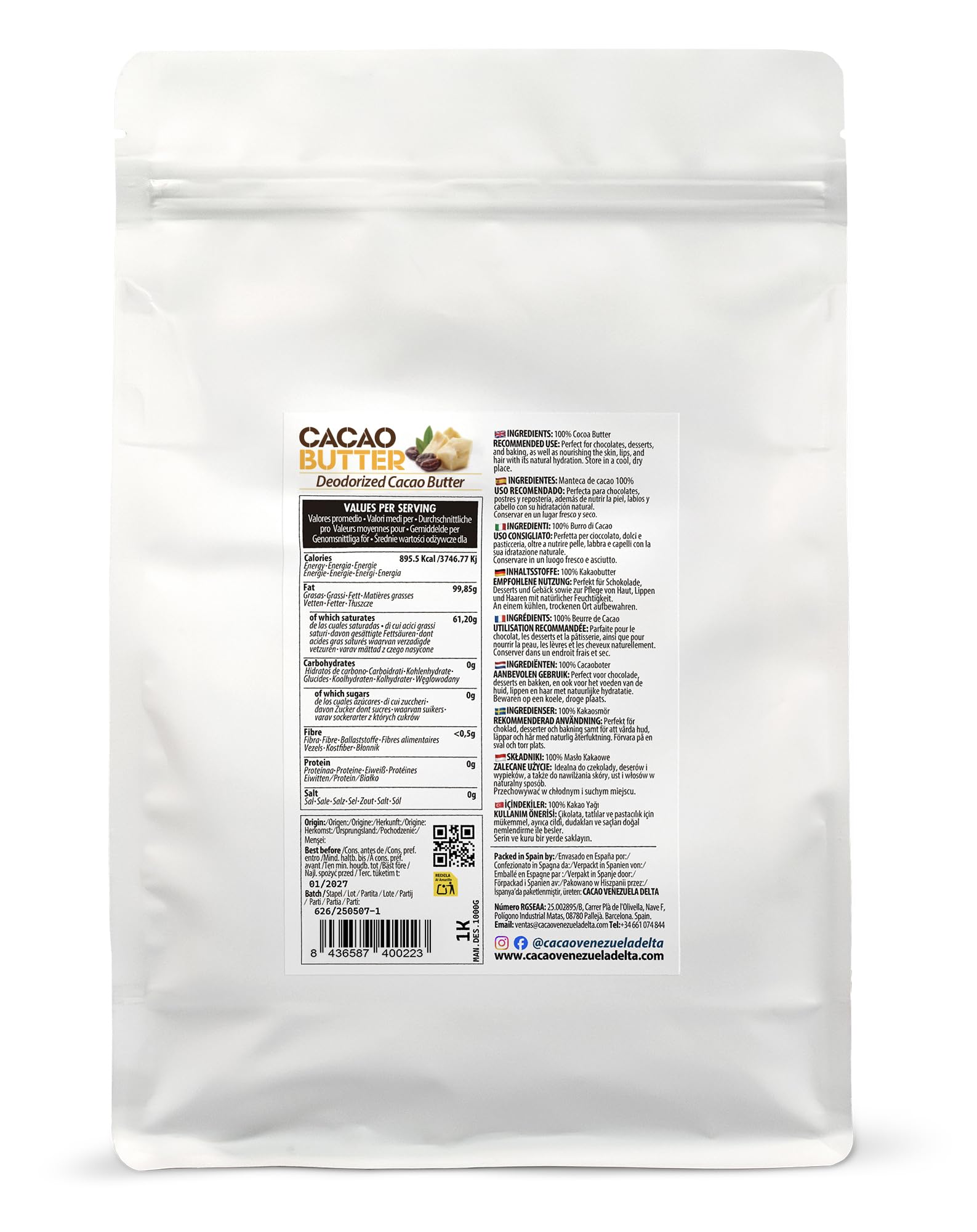 Cacao Venezuela Delta · 100% Kakaobutter · Desodoriert · 1 kg - Extra Qualität