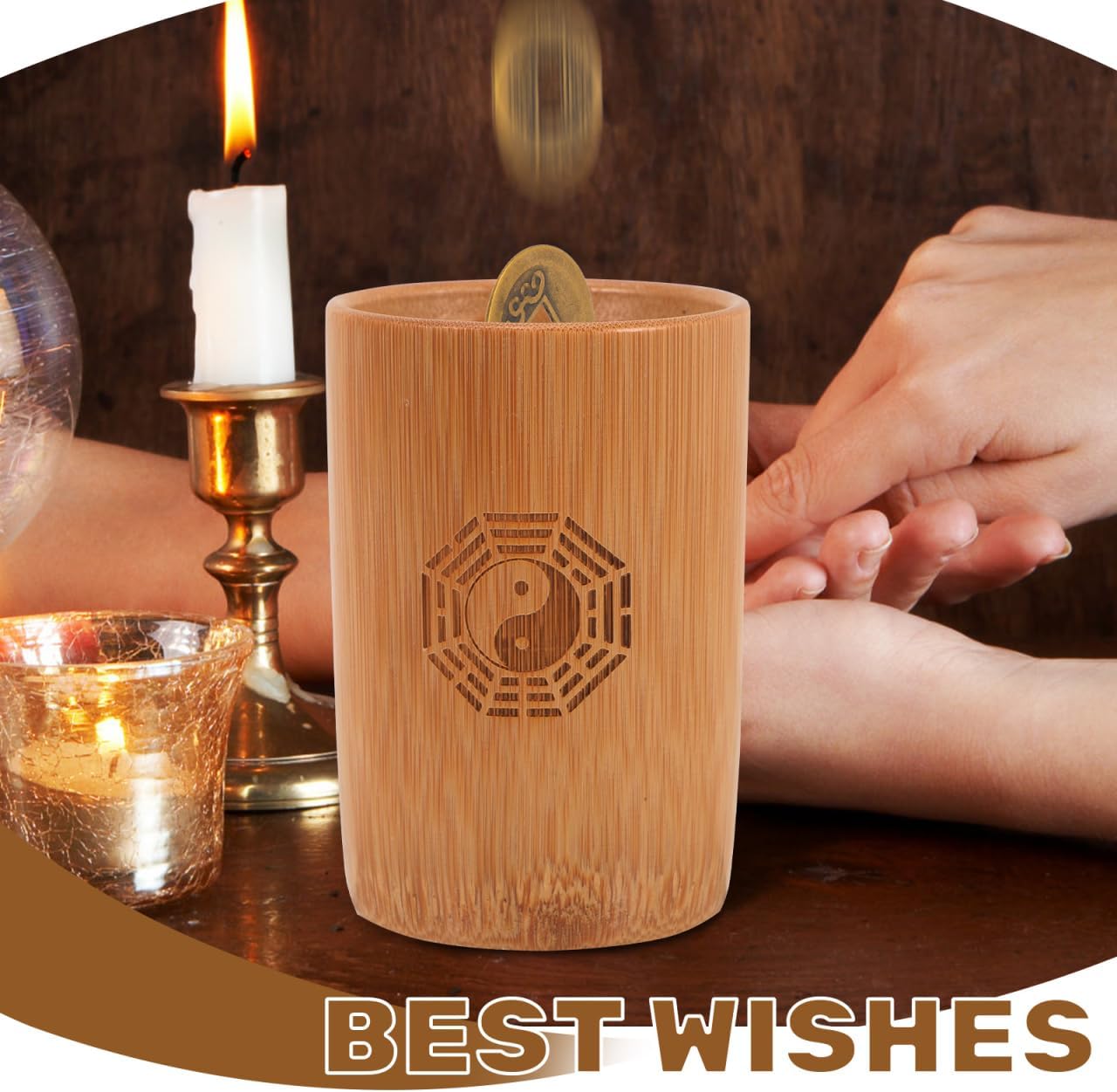 Abaodam Bamboo Divination Prop with Copper Coins I Ching Fortune Game Bucket 3.93X2.75X2.75 Inch for Buddhist Temple and Family Entertainment