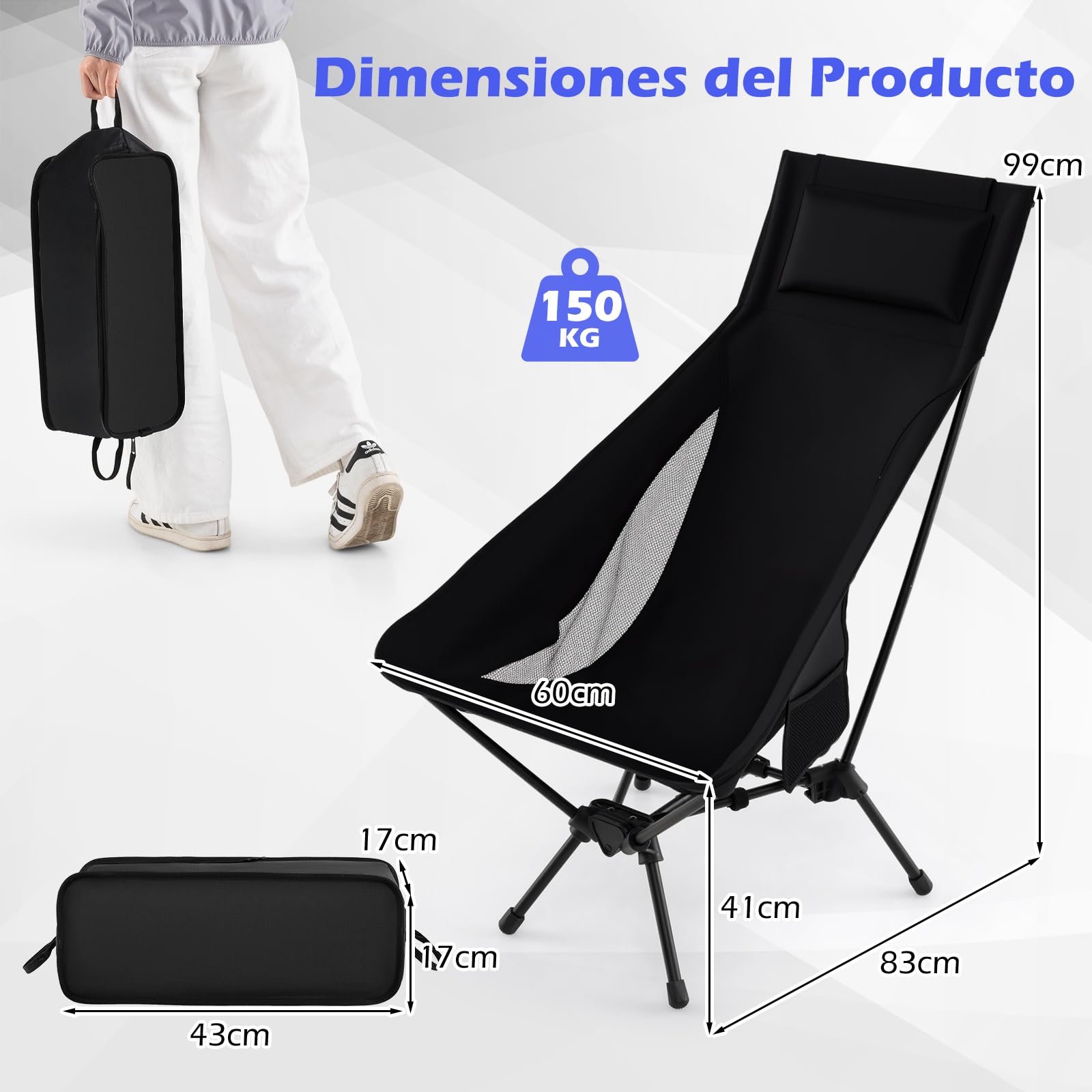 COSTWAY Silla Camping Plegable, Respaldo Alto con Almohada, Ultra Ligera con Bolsa de Transporte, Silla Playa Plegable Ligera, Camping, Campismo, Picnics, Pesca, 60 x 83 x 99 cm, Carga 150kg
