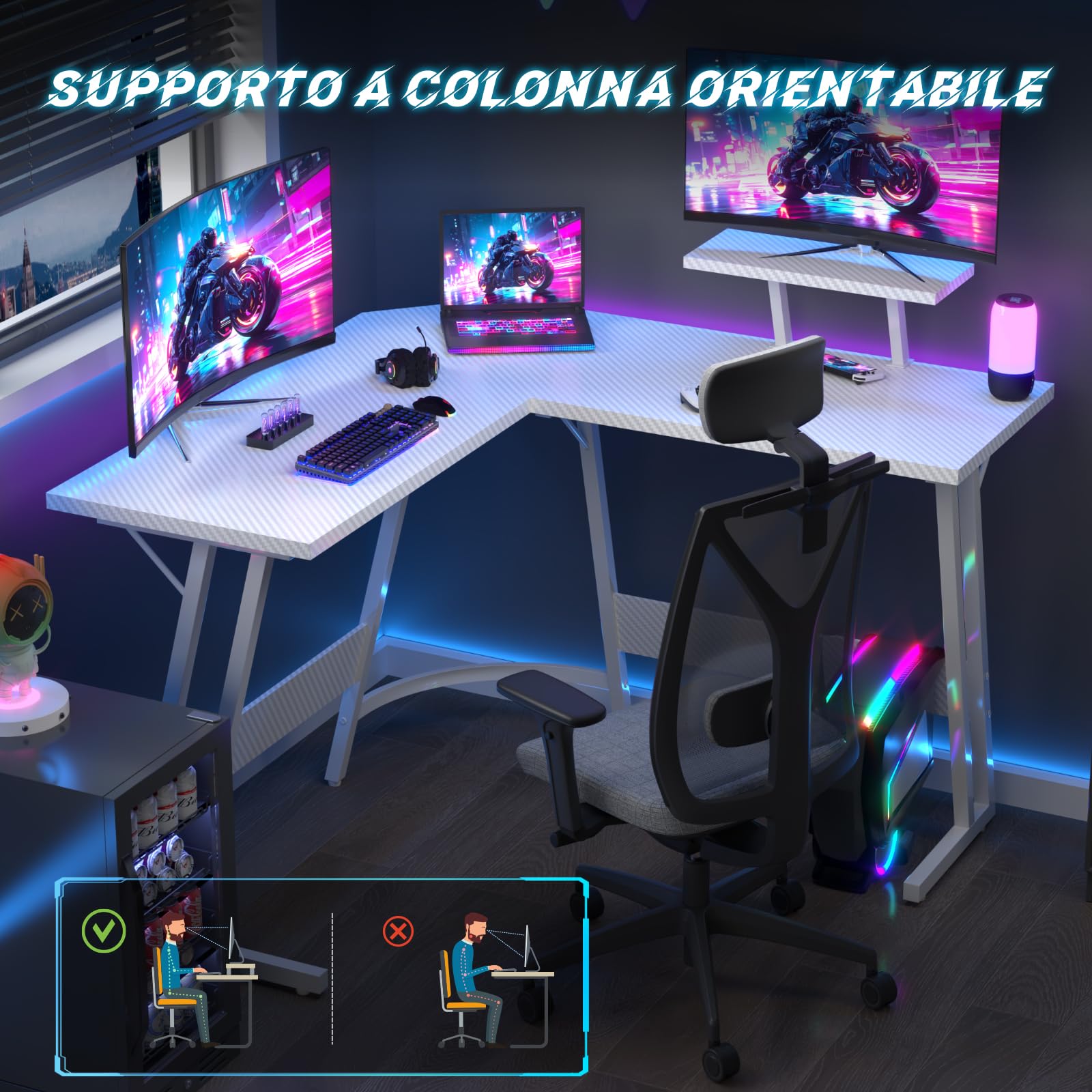 JUMMICO Scrivania Angolare, Scrivania Gaming 120x120cm - Tavolo da Gioco a L con Supporto Reversibile per lo Schermo - Versatile (gioco/lavoro/studio) - Rivestita in Carbonio - Bianco