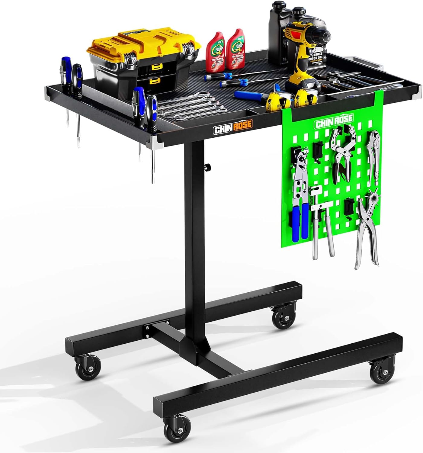 Adjustable Height Mobile Work Table with Rolling Wheels, Rolling Tray Table for Mechanics, Garages, Repair Shops, Warehouse, Workshop, and DIY