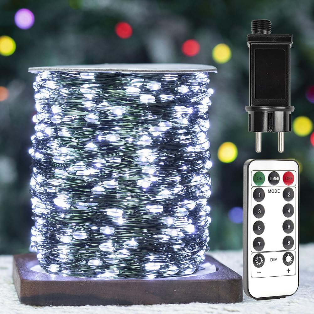 Catena Luminosa 200 metri 2000 LED Filo di Rame Verde Bianco Freddo, Impermeabile per Interni/Esterni con Telecomando 8 Modalità per Albero di Natale, Patio, Giardino, Cortile