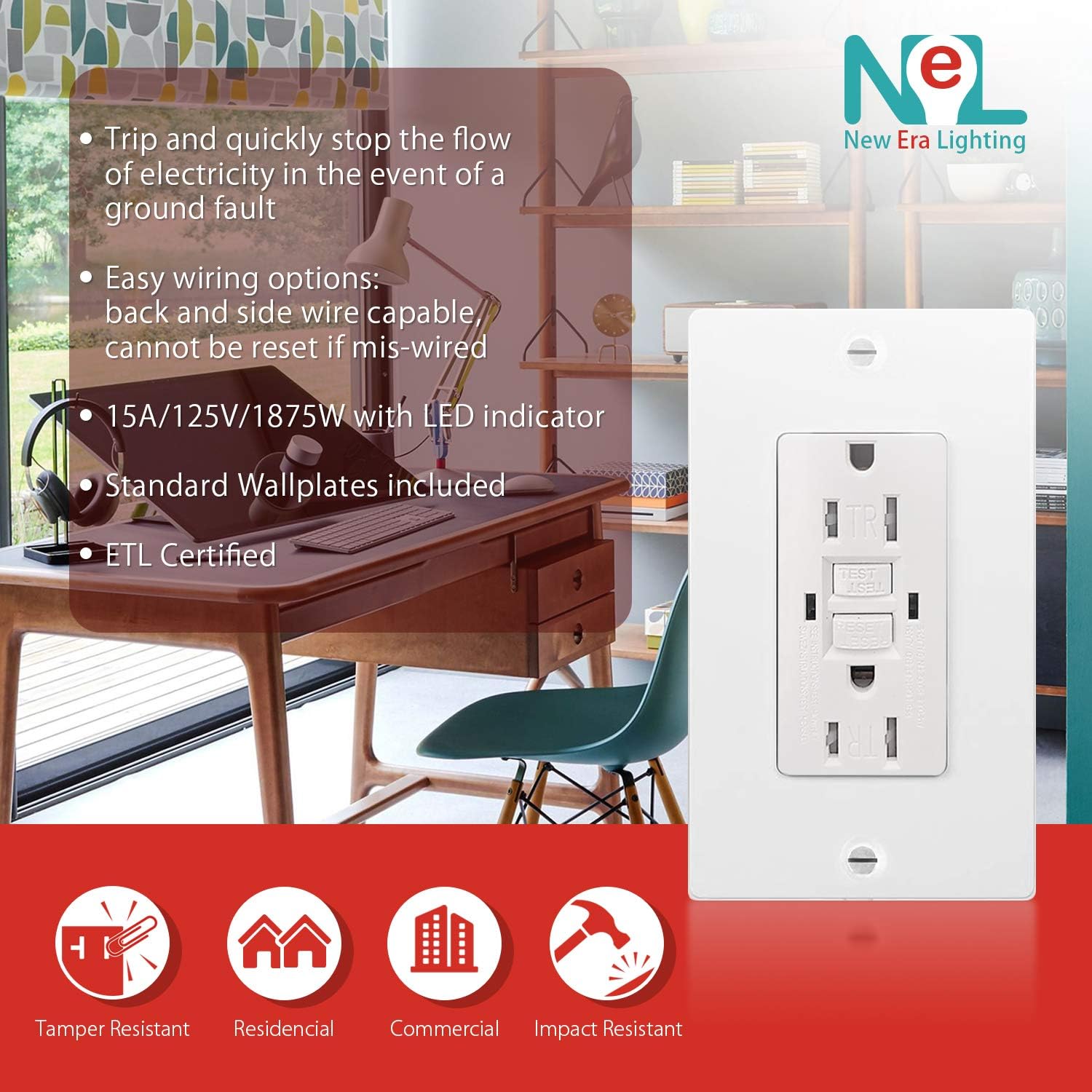 New Era Lighting15AGFCI GFI Safety Outlet Receptacle, Tamper and Weather Resistant, White (6 Packs)